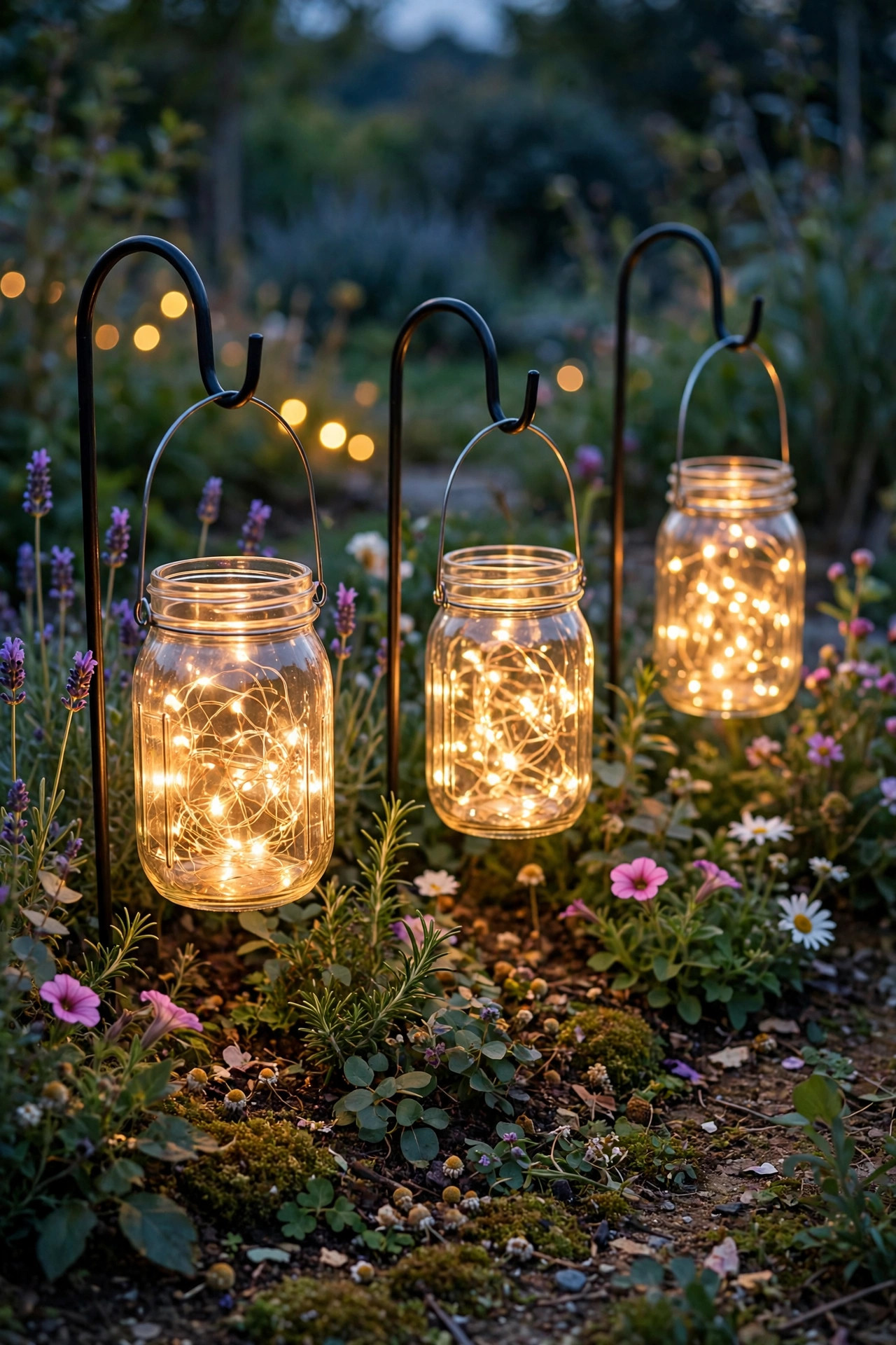 Mason jars filled with warm fairy lights hanging from short shepherd's hooks in a flower bed