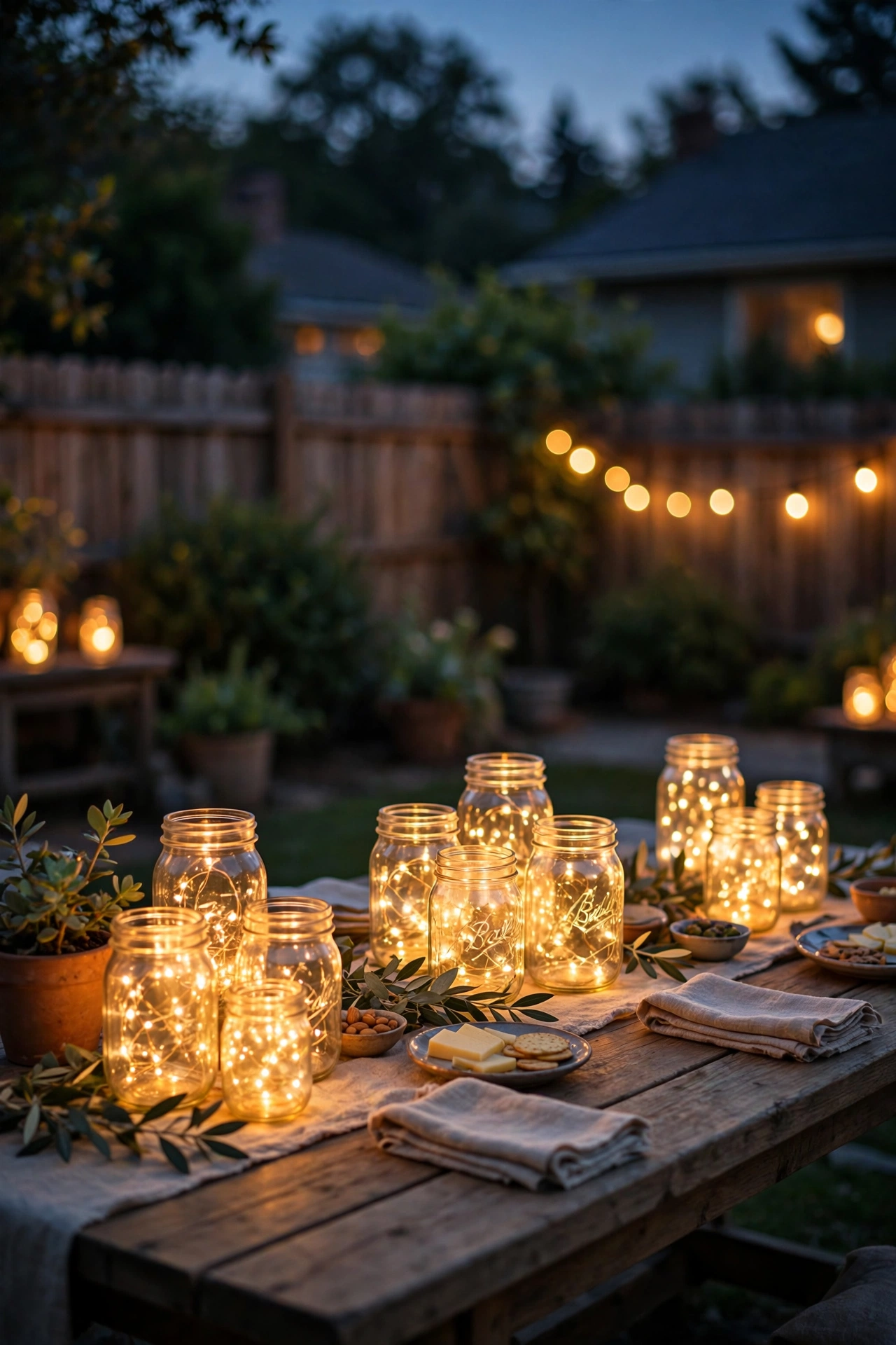 Clusters of glowing mason jar lanterns with fairy lights on a backyard party table