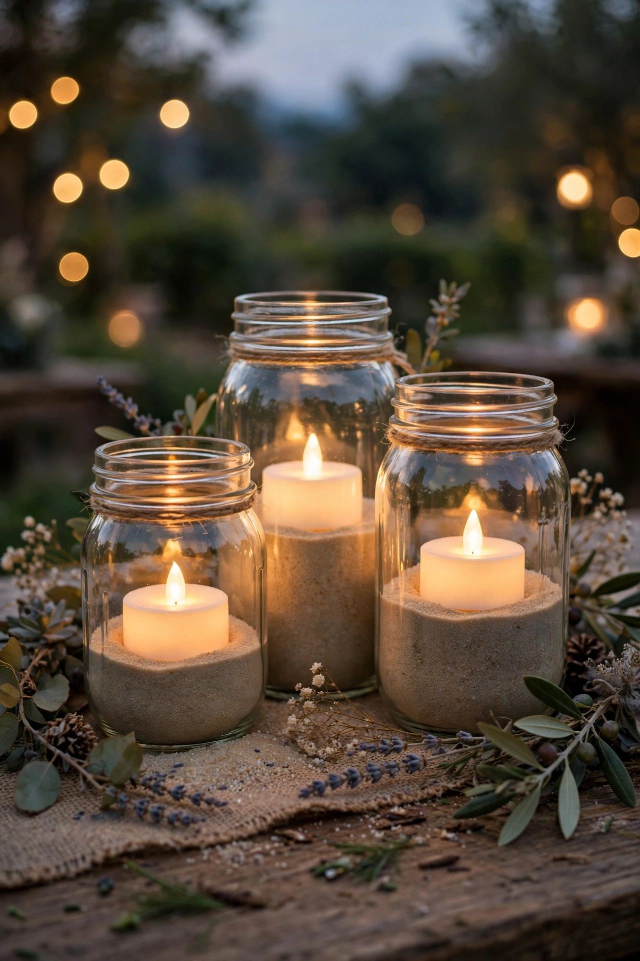 Mason jars with flickering flameless tea lights and sand grouped as a rustic wedding table centerpiece