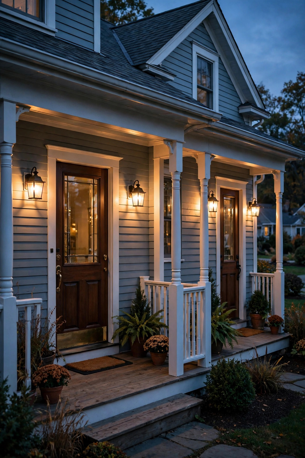 Matching warm wall sconces beside the front and side doors of a wraparound porch