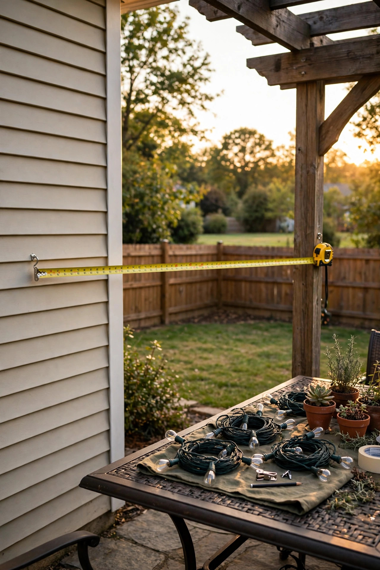Measuring a backyard patio with a tape measure to plan string light runs between anchor points