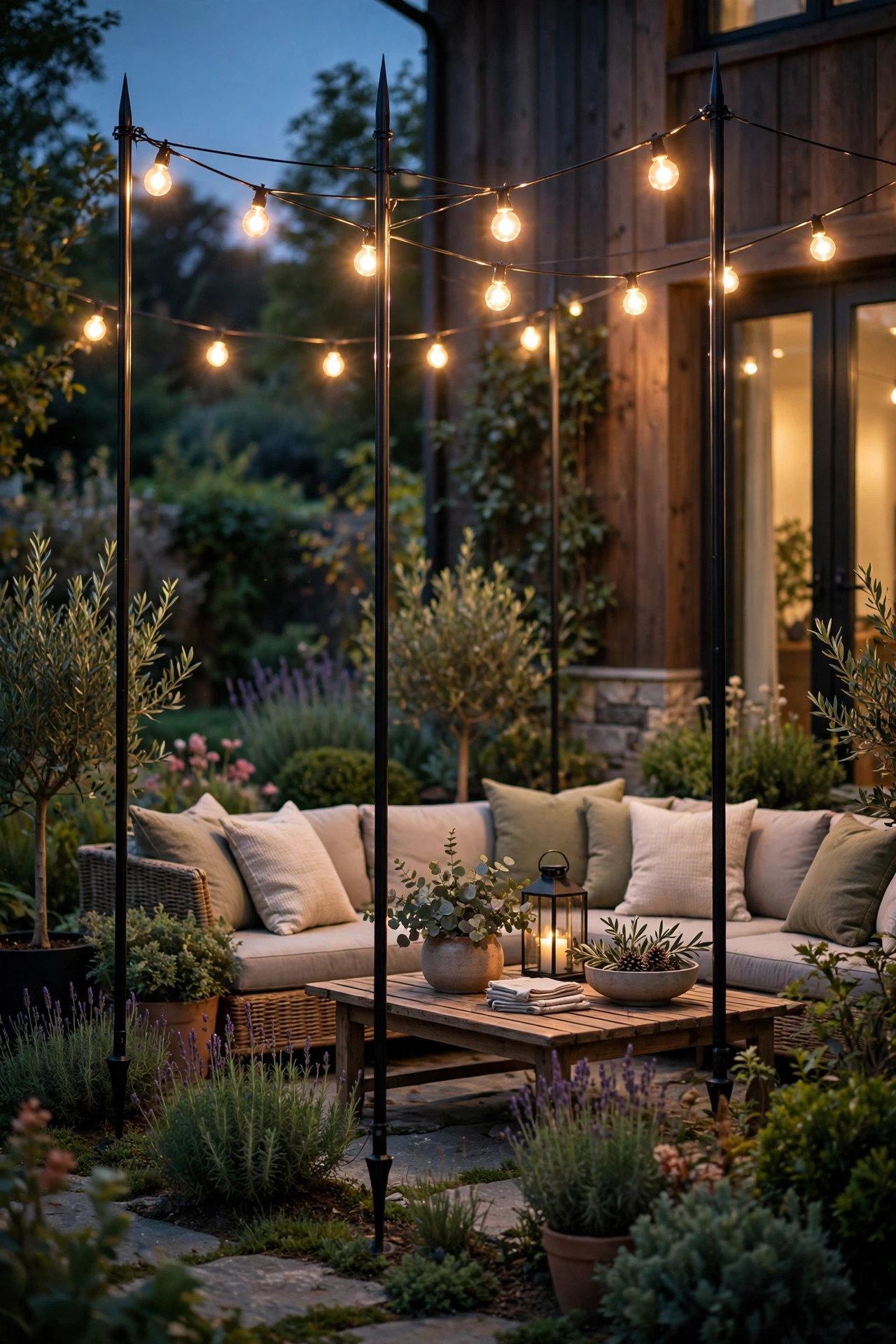 Sleek black metal string light poles with ground stakes holding warm globe lights over a garden seating area