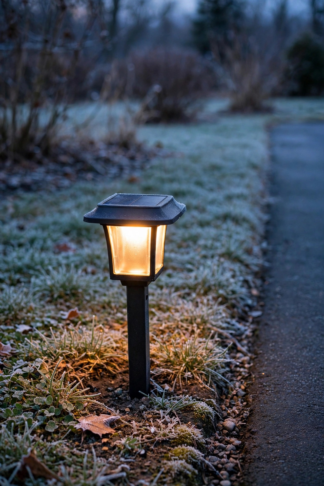 Solar driveway light with a sturdy metal stake glowing beside a driveway edge in early winter