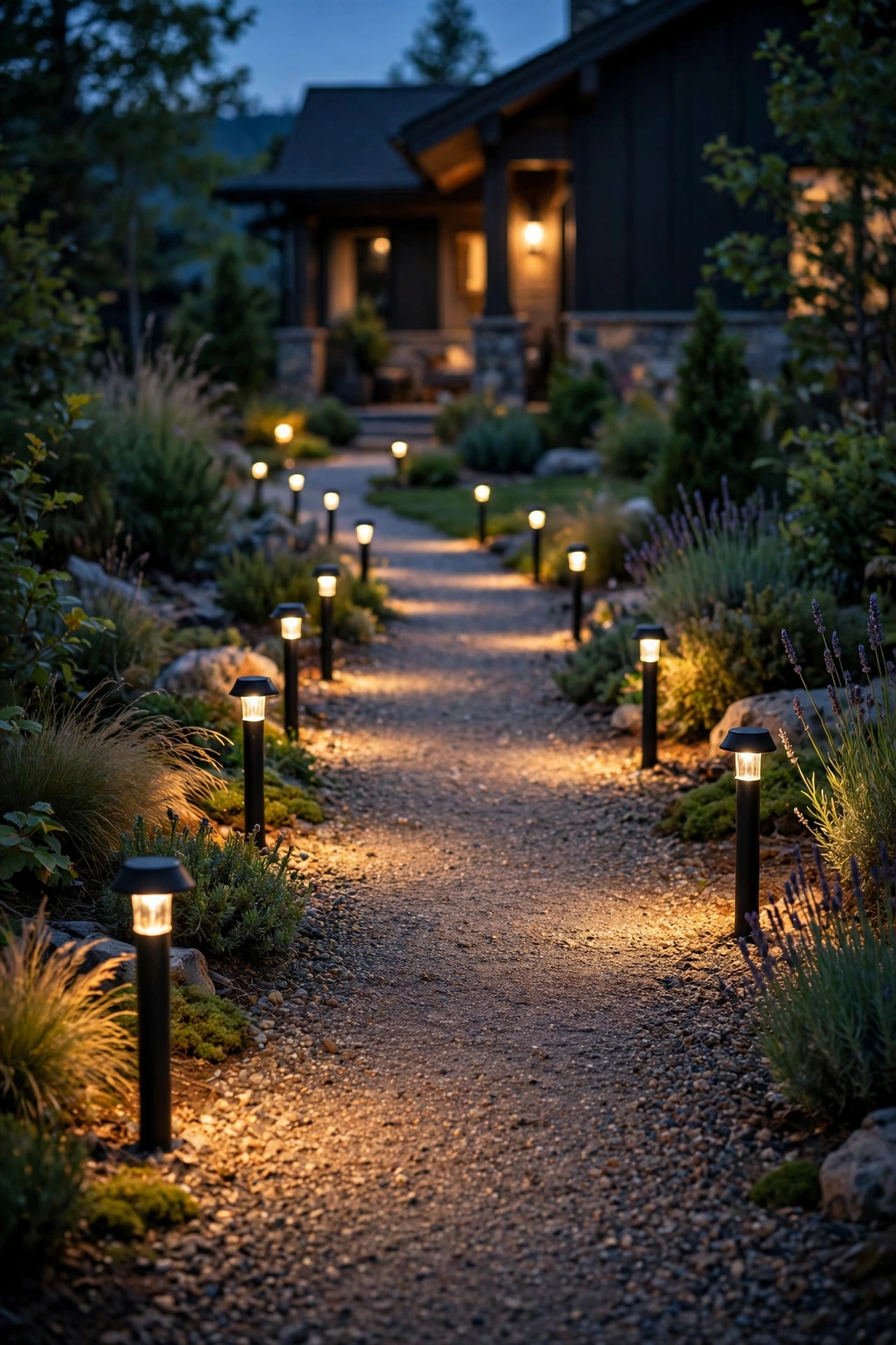Small black mini bollard lights staggered along both sides of a narrow gravel front path at dusk
