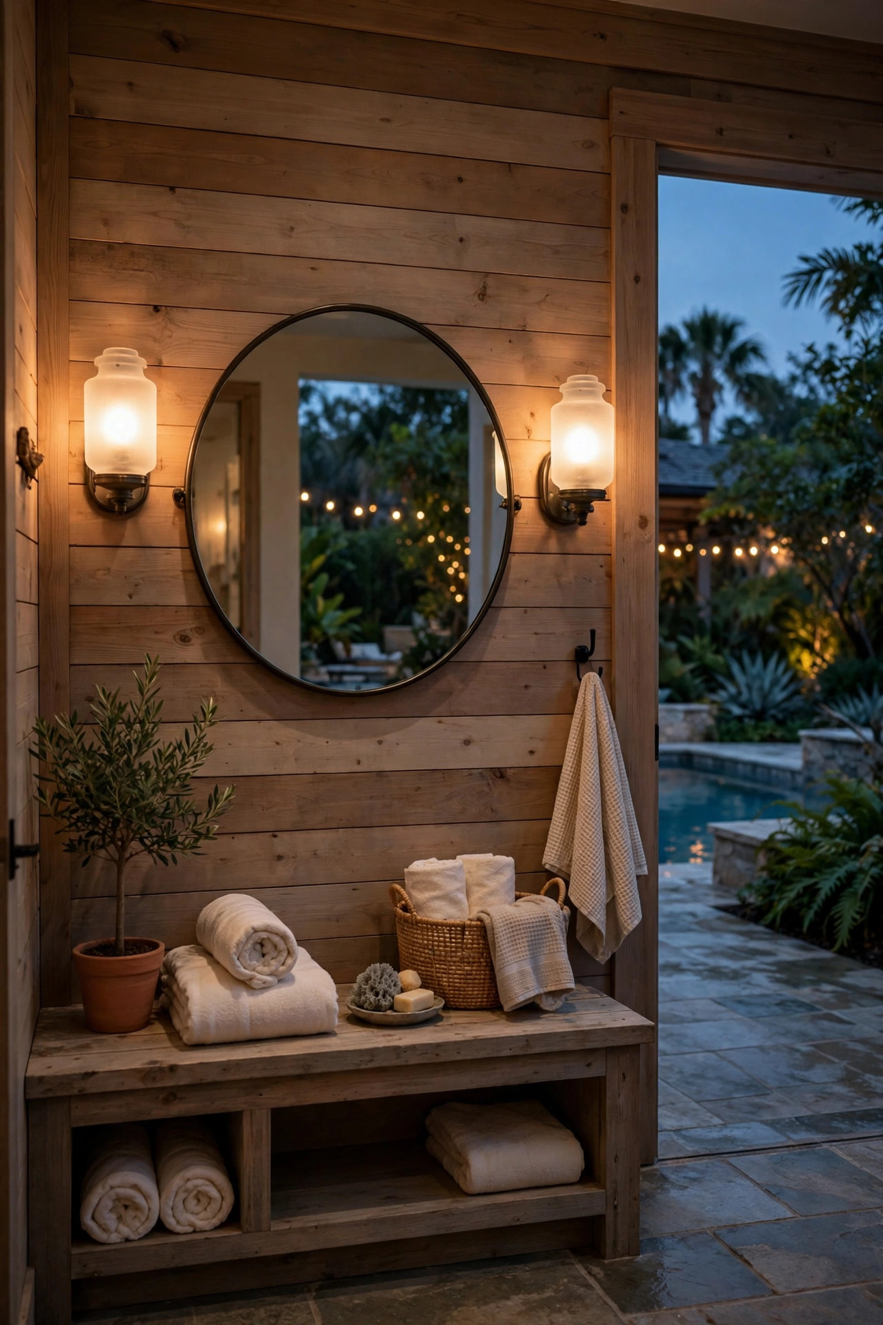 Pair of frosted sconces glowing on both sides of a round mirror in a pool house changing area