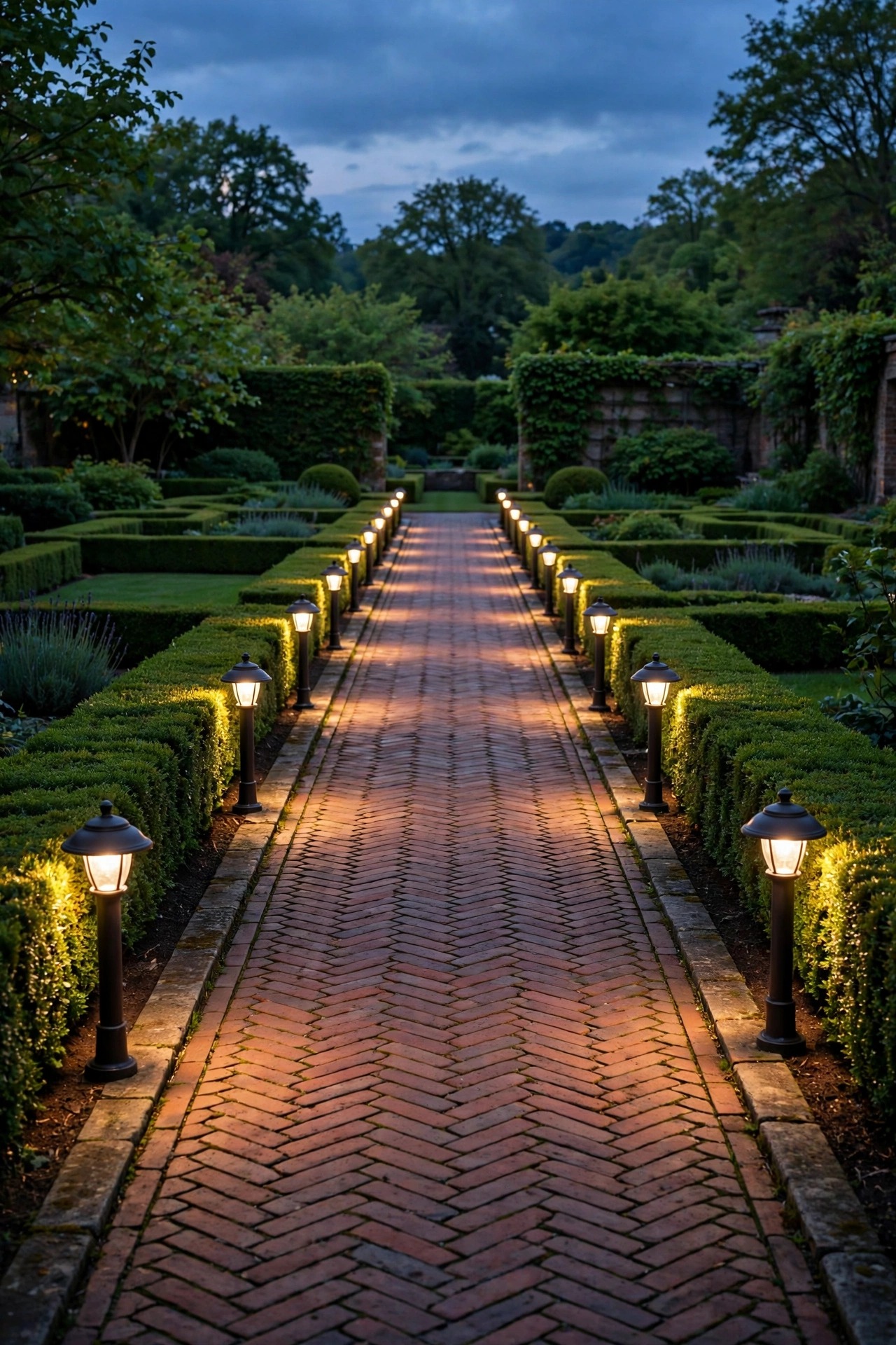 Symmetrical pairs of low path lights spaced evenly along both sides of a straight brick walkway in a formal garden at dusk