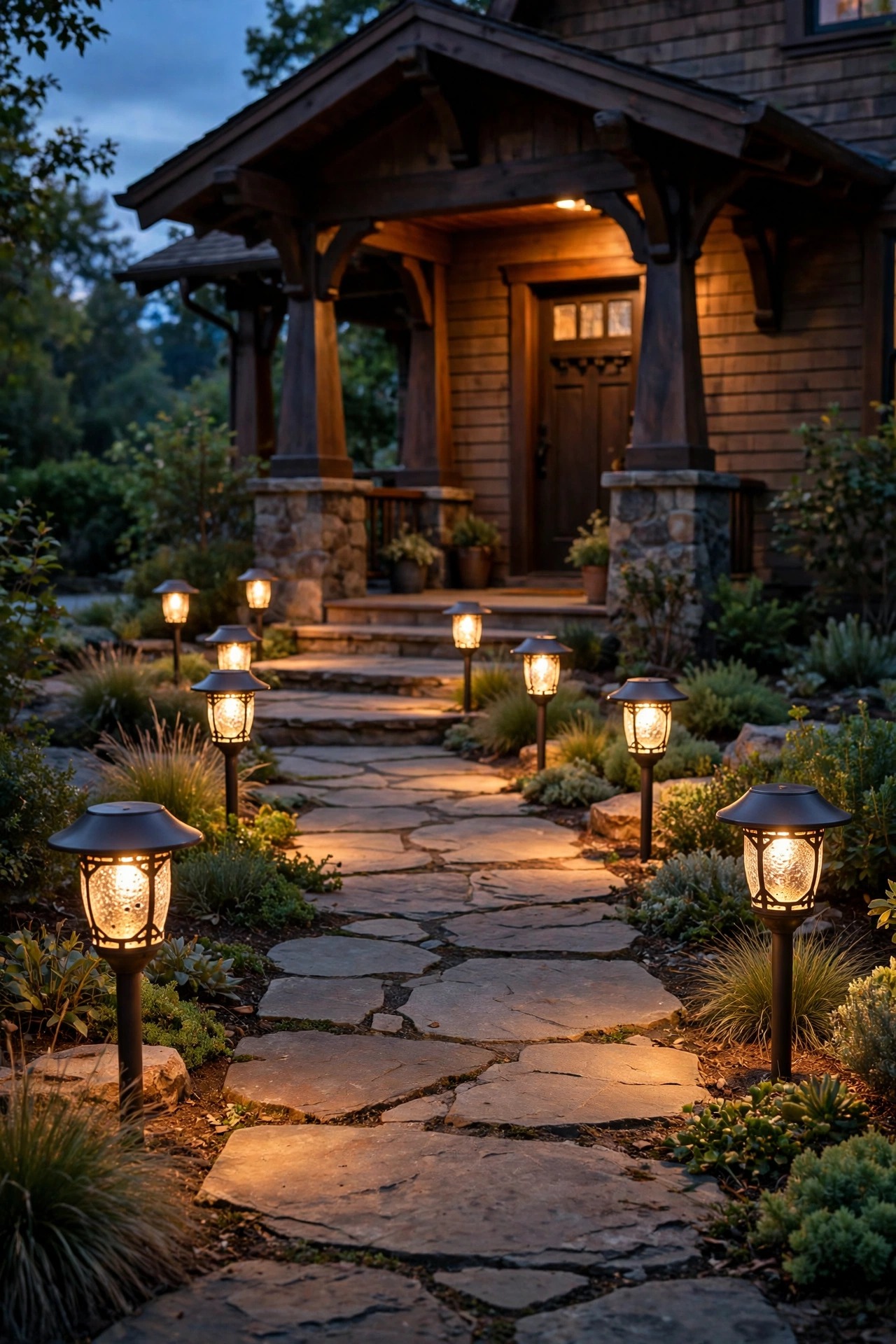 Mission style bronze path lights with seeded glass lining a stone walkway to a craftsman porch, warm pools of light at dusk