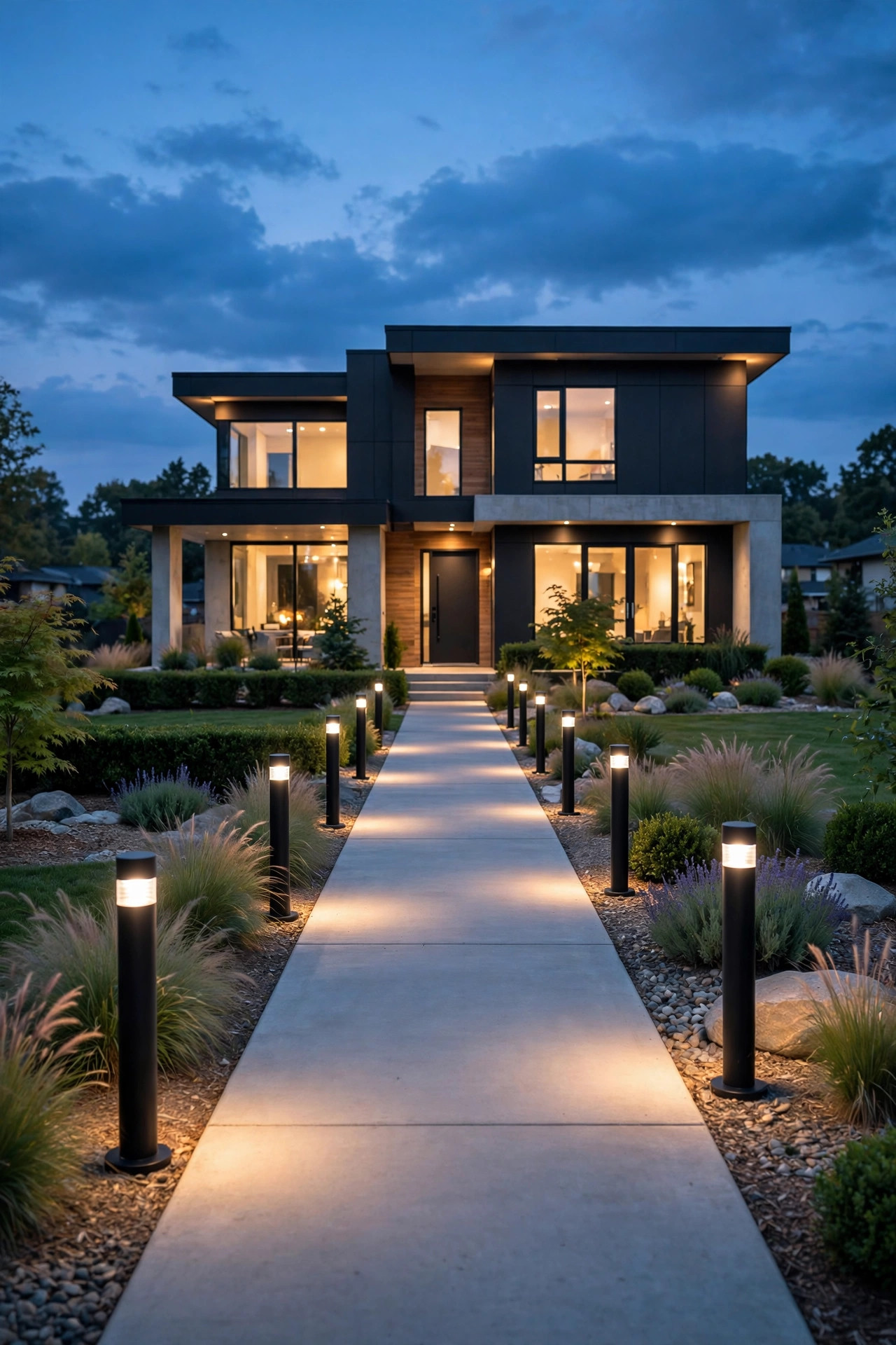 Modern black bollard lights lining a concrete walkway leading to a contemporary home