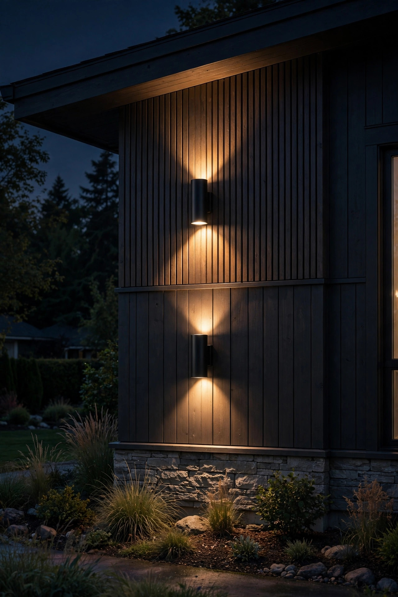 Sleek black cylinder outdoor wall lanterns casting up-down light on a modern home facade at night