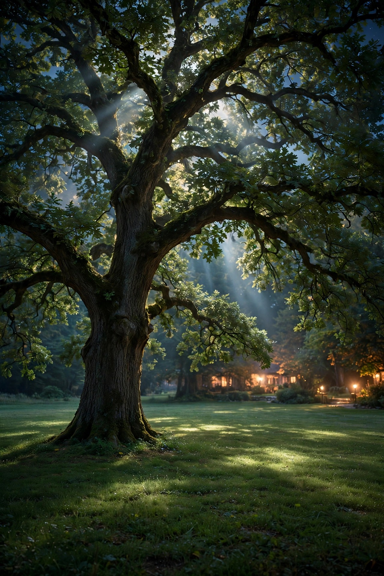 Soft moonlight effect washing down through a tall oak tree onto a large lawn at night