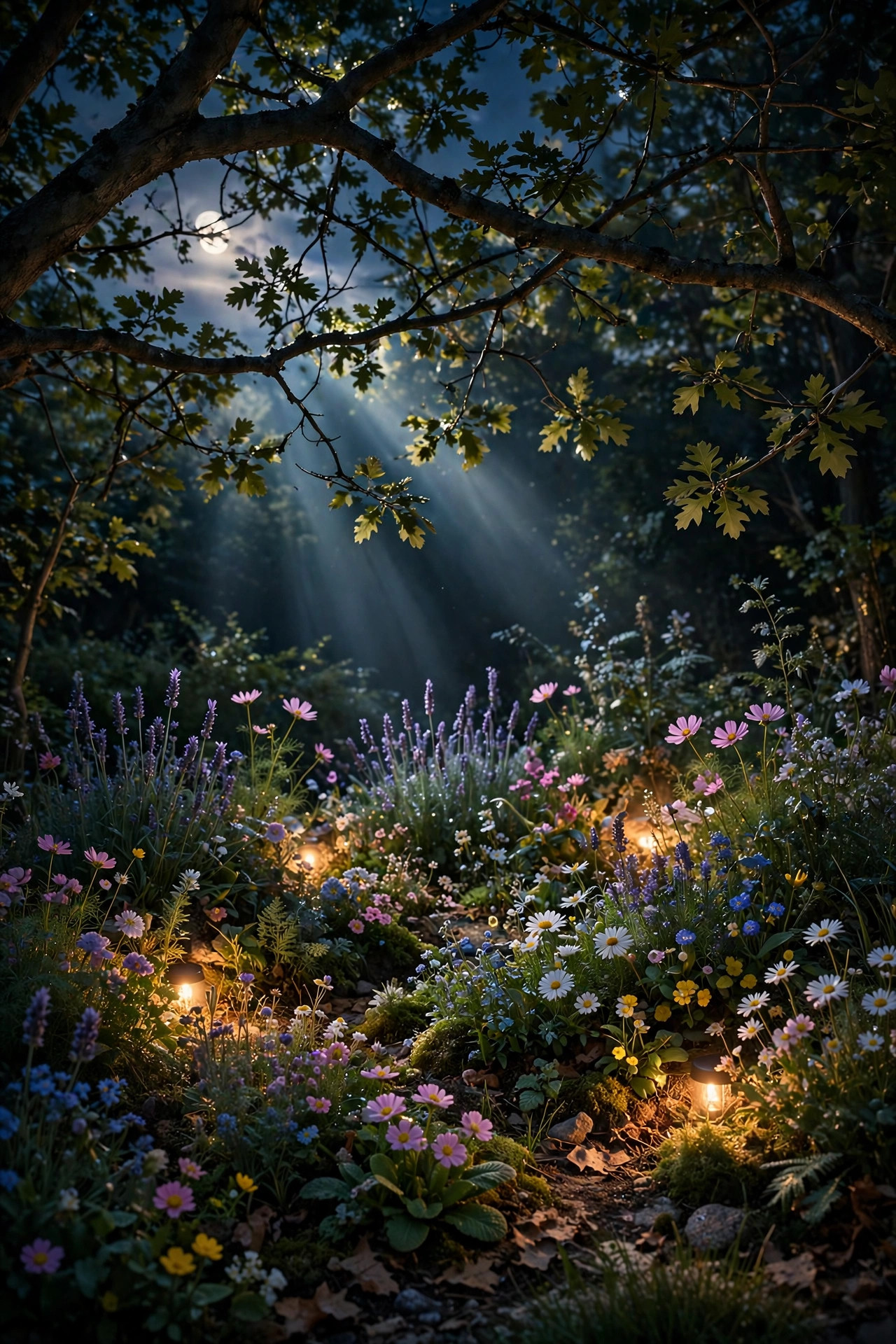 Soft moonlight filtering down through a Japanese maple canopy onto raked gravel and stones below