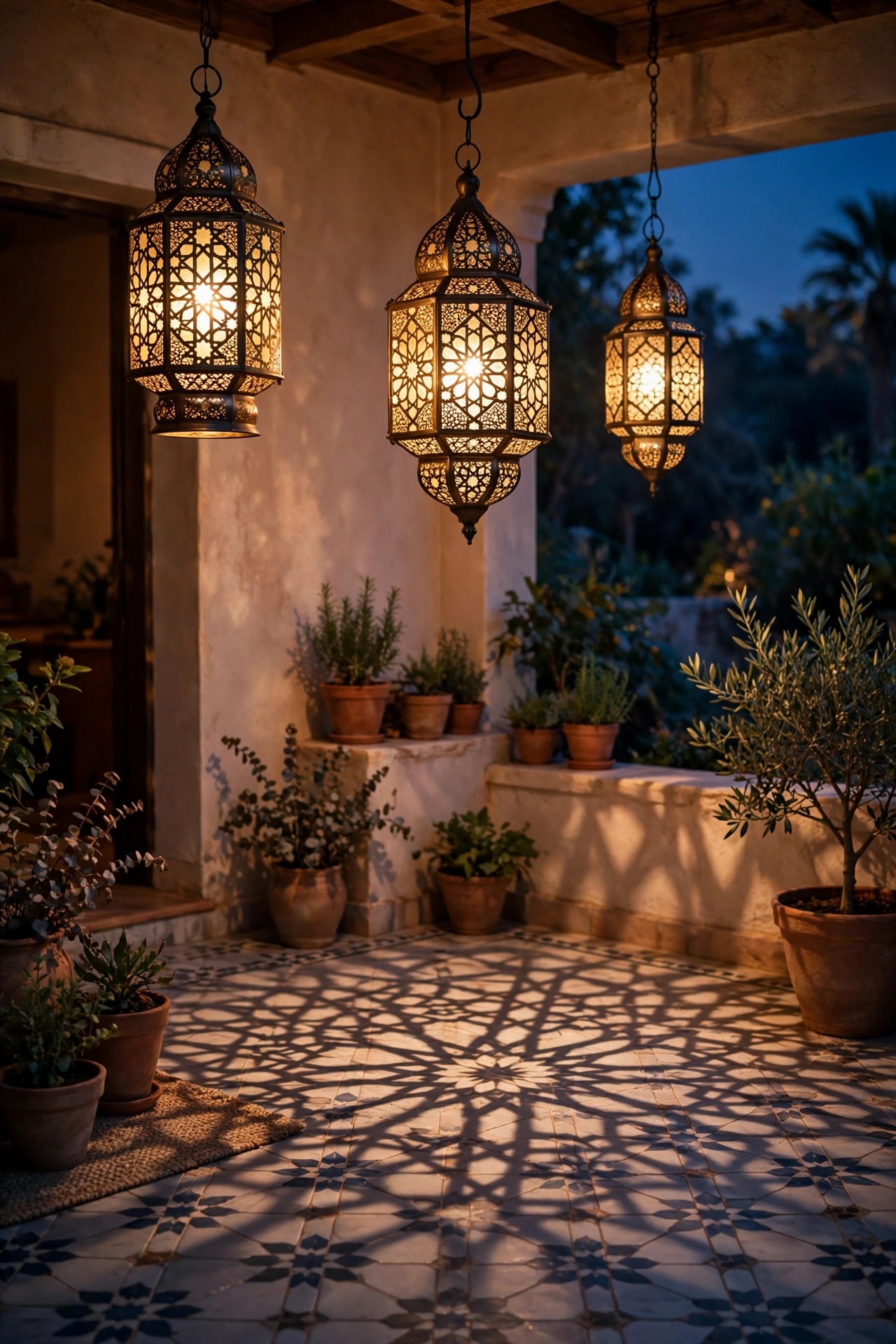 Moroccan style solar lanterns casting patterned shadows across a porch floor at night