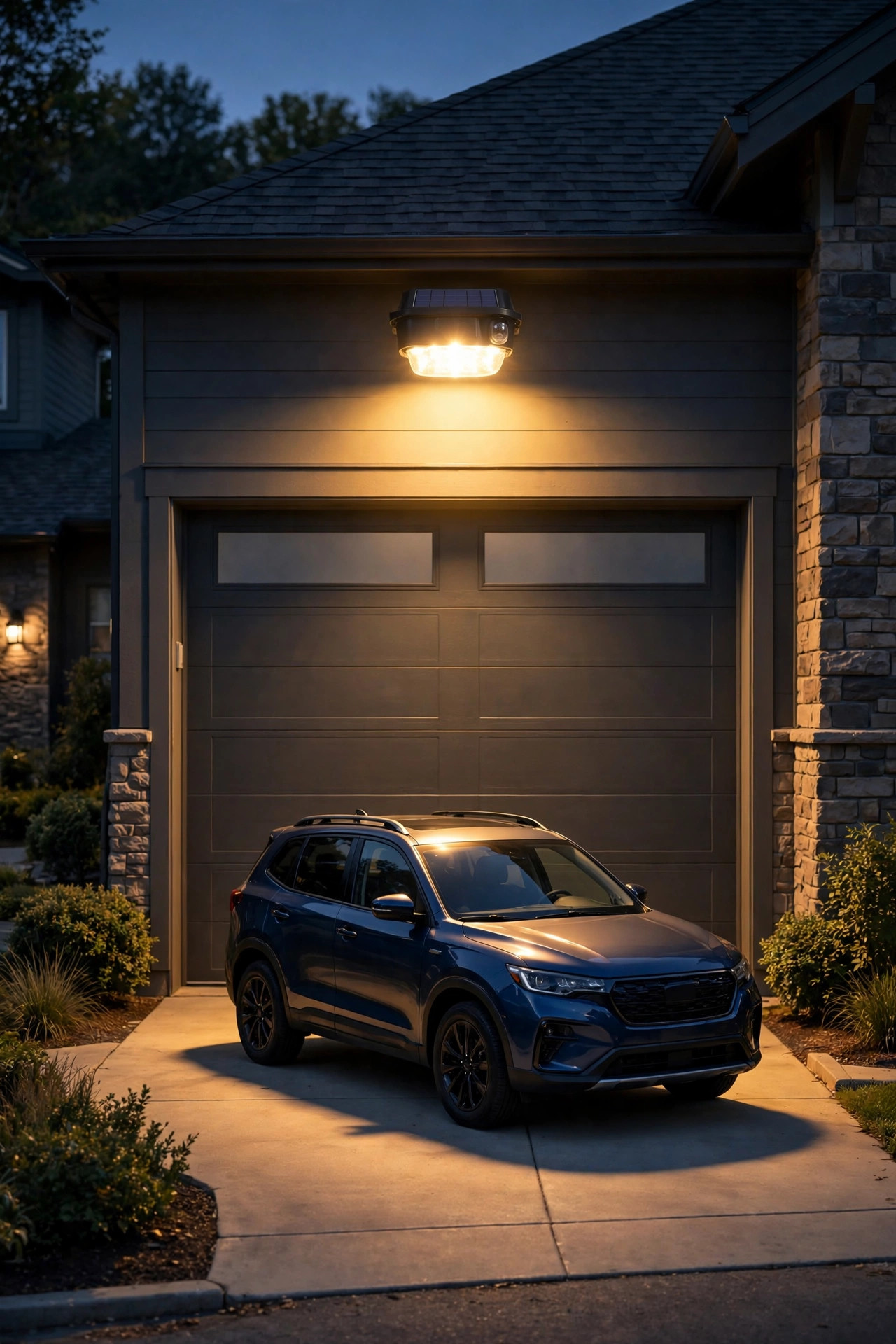 Solar motion sensor flood light glowing brightly above a garage door, lighting a parked car on the driveway apron