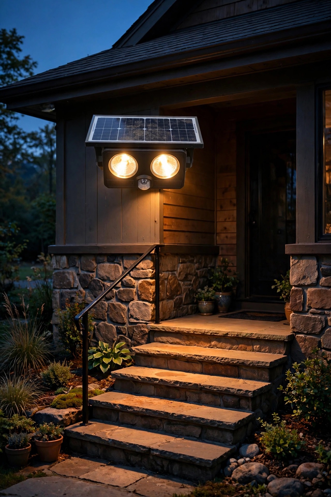 Solar motion sensor floodlight with twin heads mounted above porch steps glowing brightly at dusk, wide solar panel on top