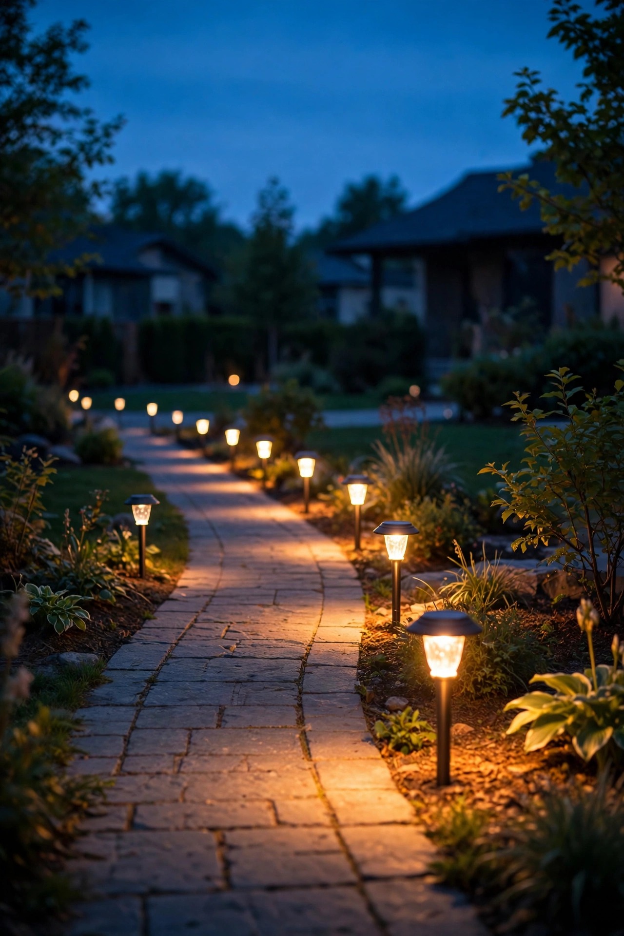 Row of solar path lights along a front walkway glowing brighter in sequence at twilight