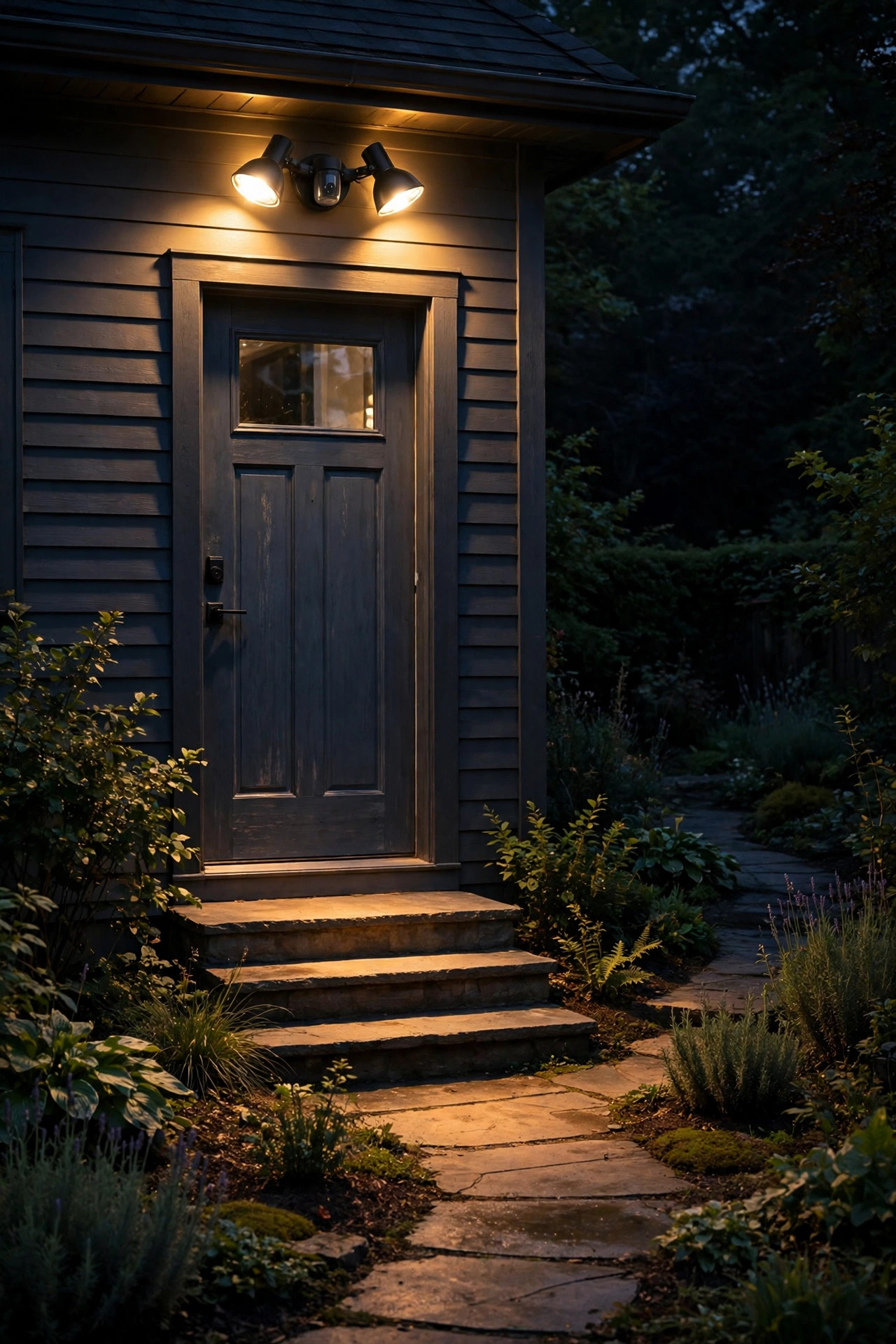 Motion-sensor dual head flood lights above a back door lighting the steps and garden path at night