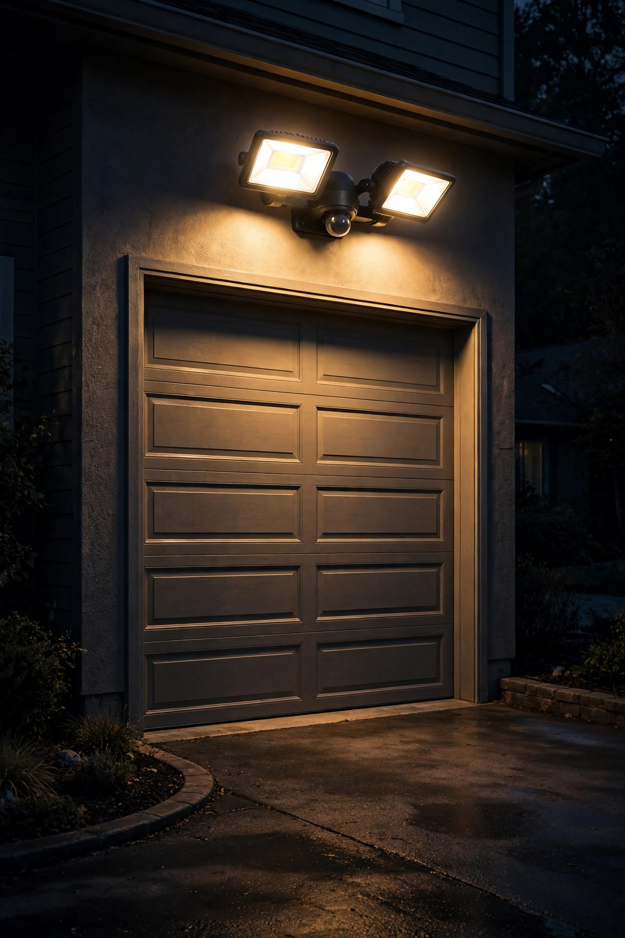 Dual-head LED motion sensor floodlight glowing warmly above a garage door and driveway at night