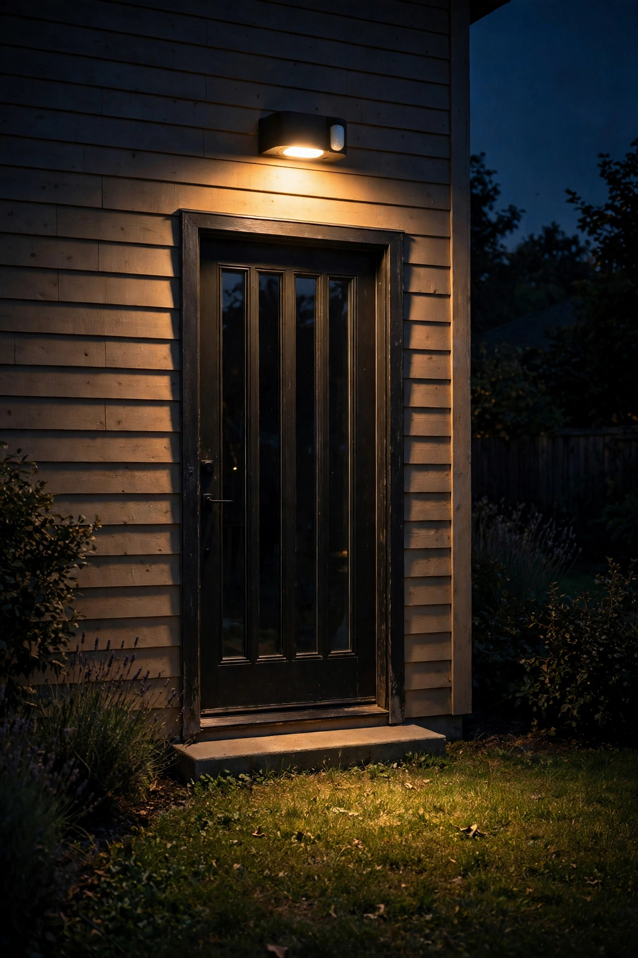 Warm motion-sensor light glowing above a back door and lighting a patch of lawn at night