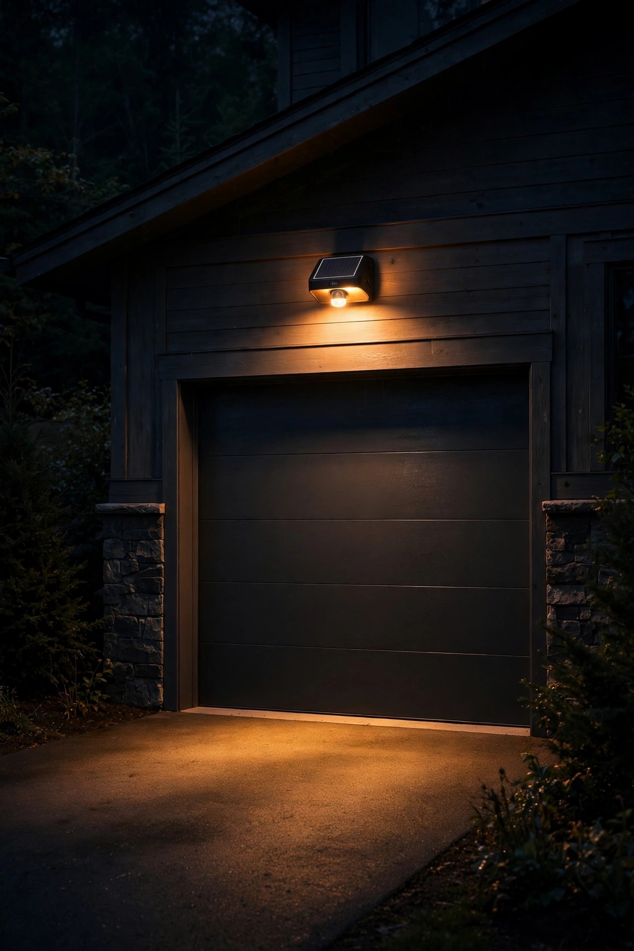 Solar motion sensor wall pack glowing above a garage door with warm light pooling on the driveway at night