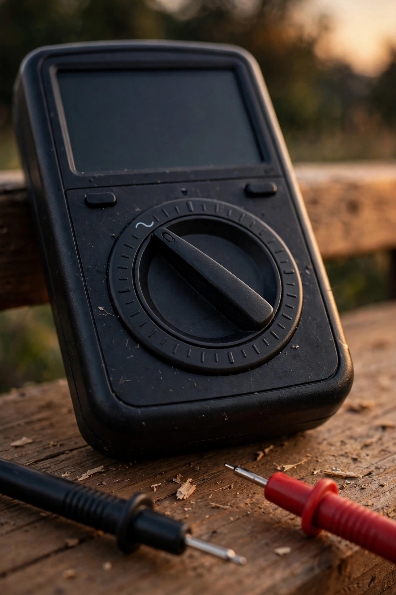 Close-up of a digital multimeter dial turned to the AC voltage setting, red and black probe tips resting on a wooden bench at dusk