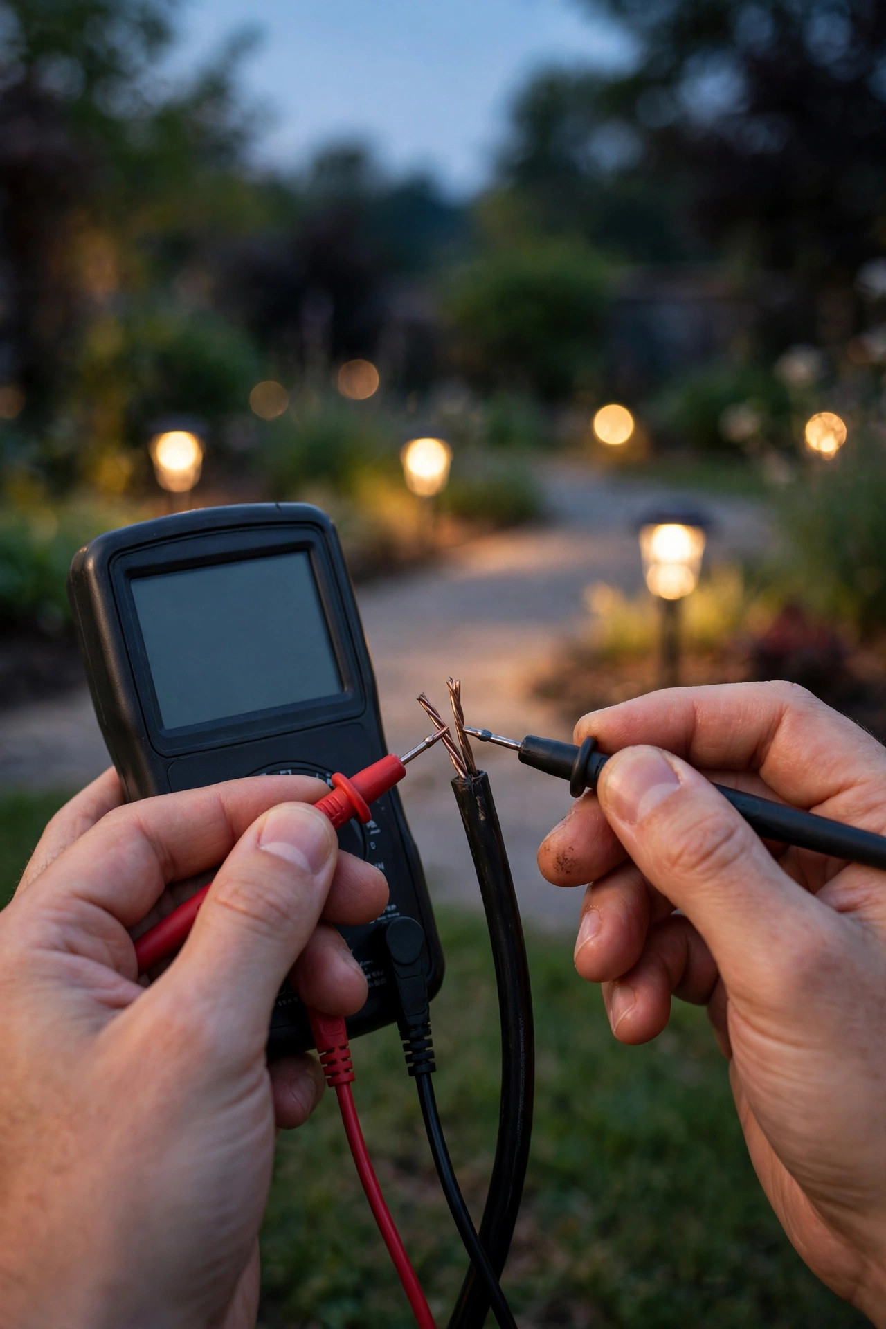 Hands testing a low-voltage landscape lighting connection with a digital multimeter at dusk, garden path lights glowing in the background