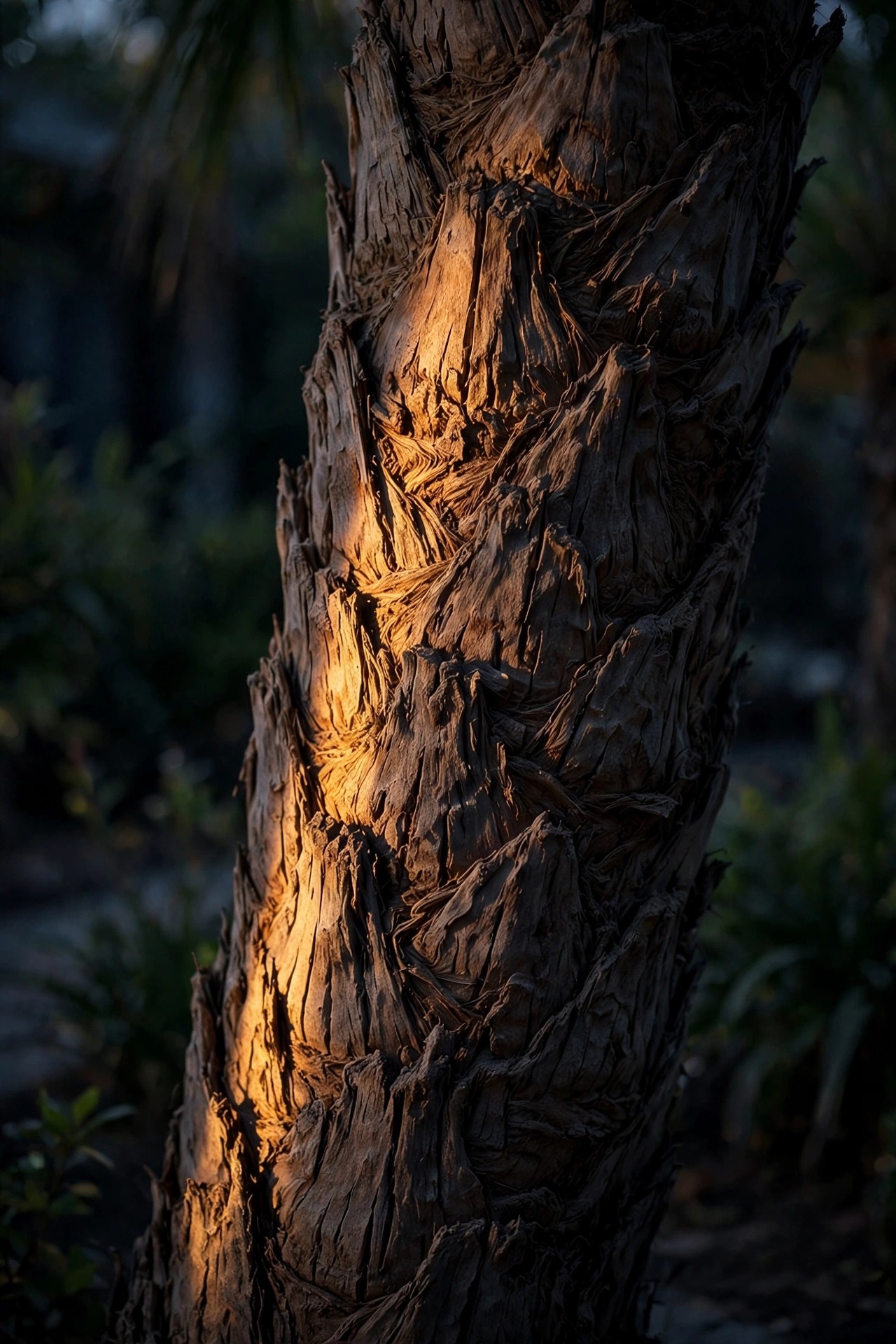 Photorealistic close view at dusk of a narrow beam of warm light raking up the textured bark of a palm trunk, deep shadows in the bark ridges, dark garden softly blurred behind