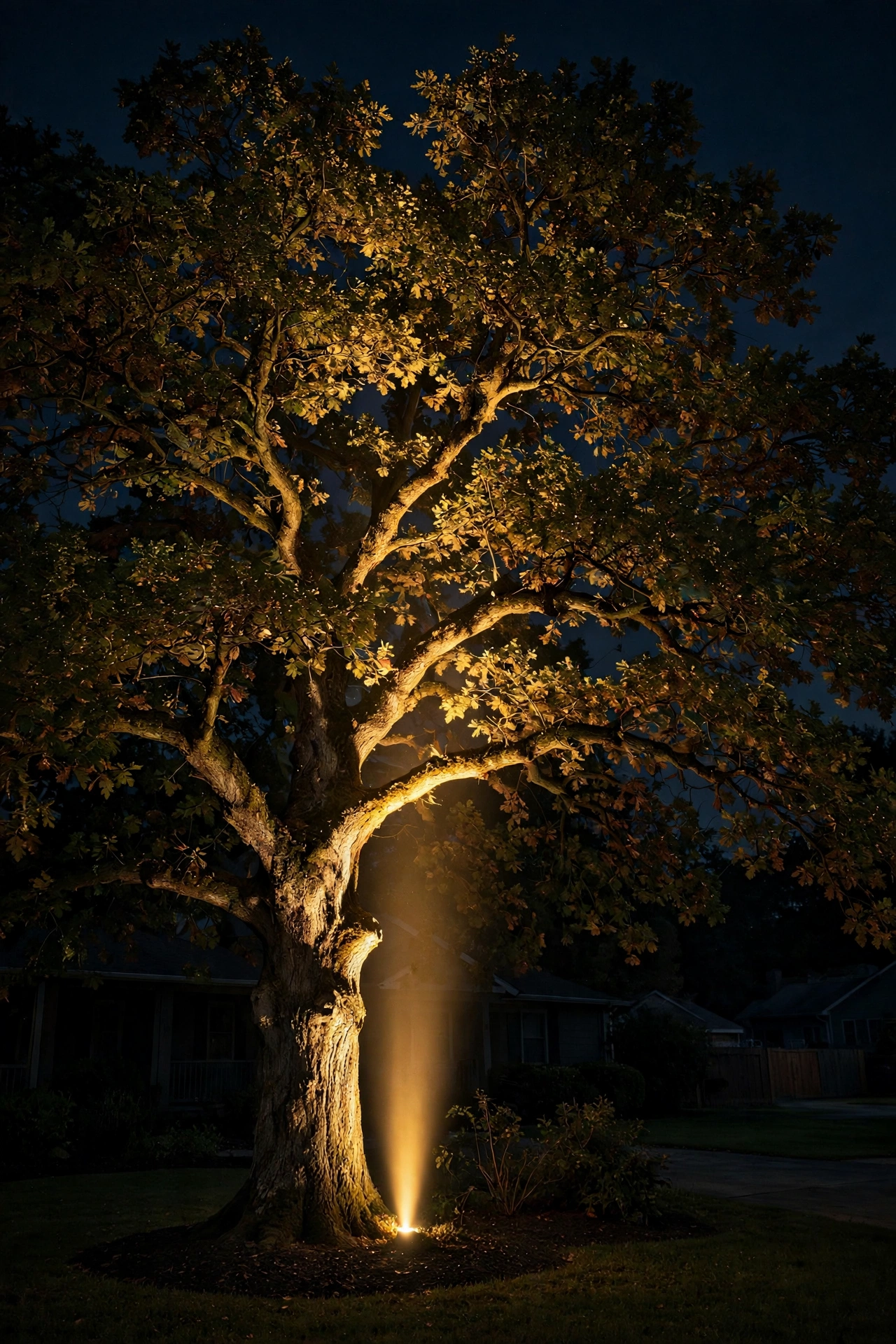 Narrow beam uplight casting a dramatic column of warm light up a mature tree at night