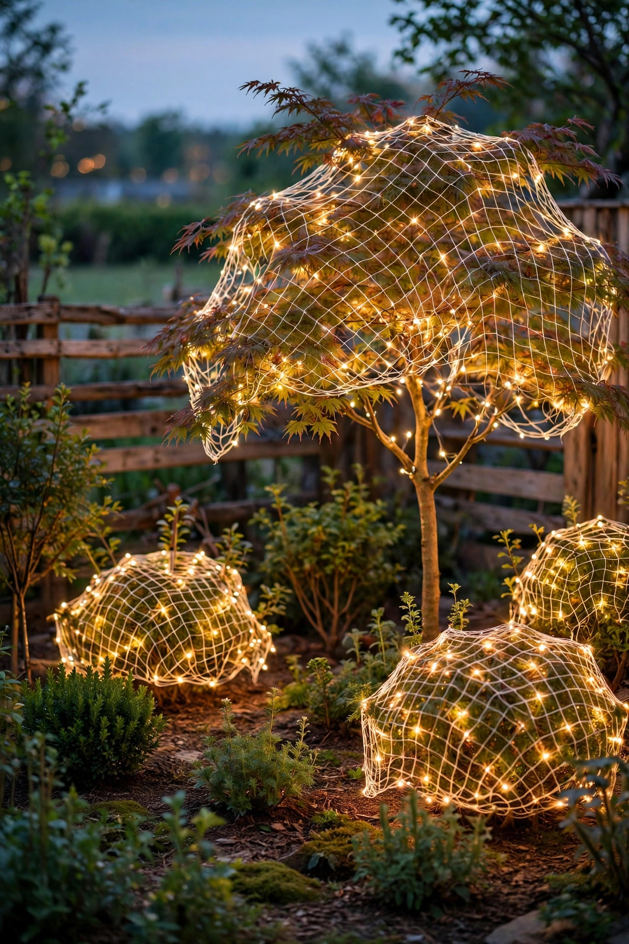 Small backyard shrubs and an ornamental tree draped with even warm white net Christmas lights