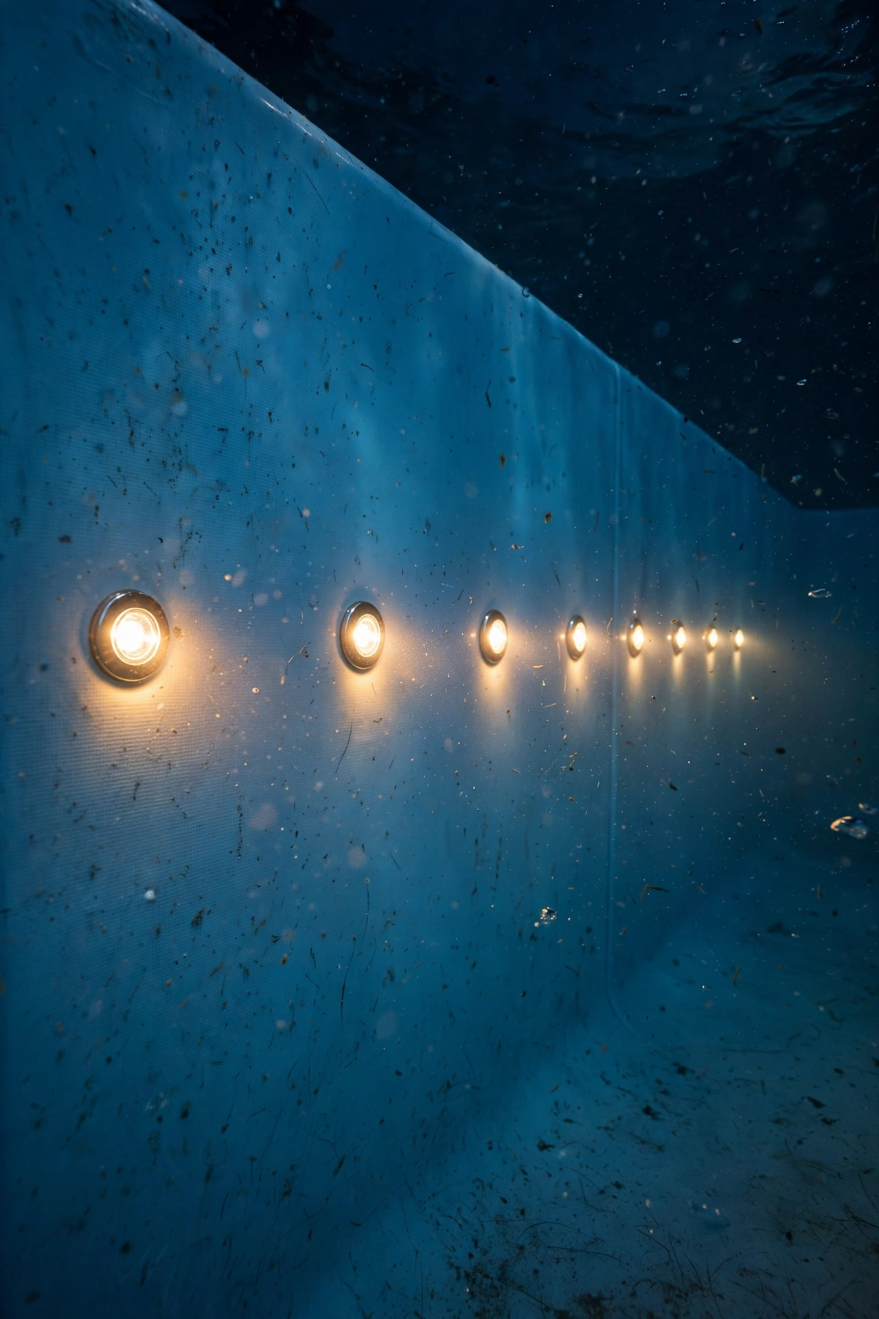 Small nicheless LED underwater spotlights glowing along a fiberglass pool wall