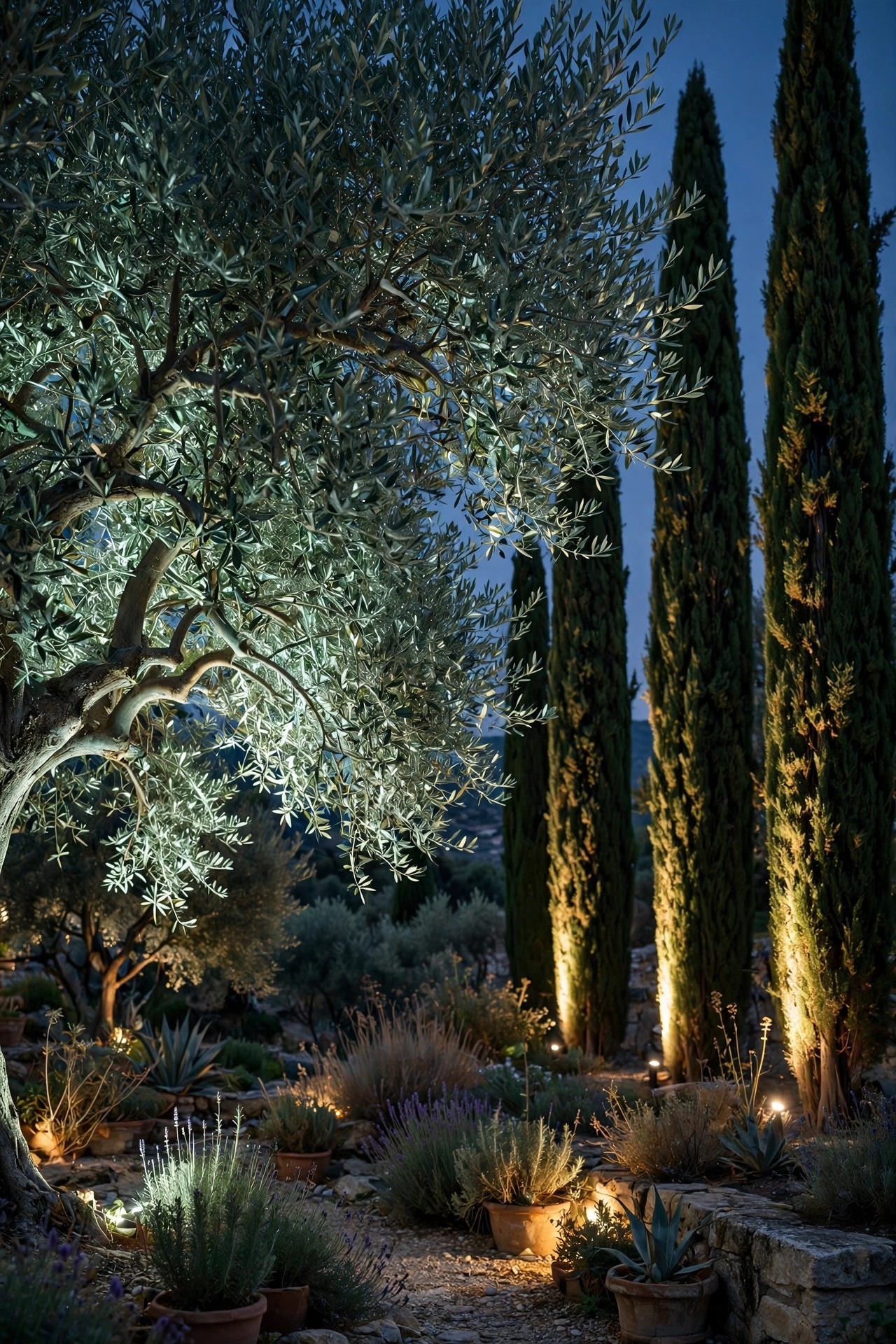 Olive tree canopy glowing silver green from uplights at dusk beside tall Italian cypress trees lit by narrow beams in a Mediterranean garden