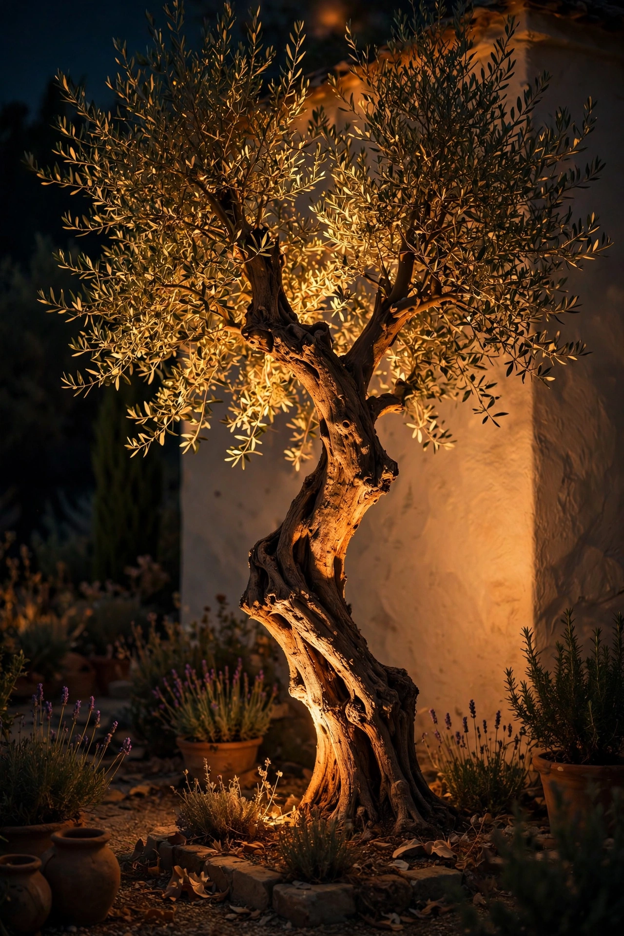 Olive tree dramatically uplighted with warm light in a Mediterranean garden at night