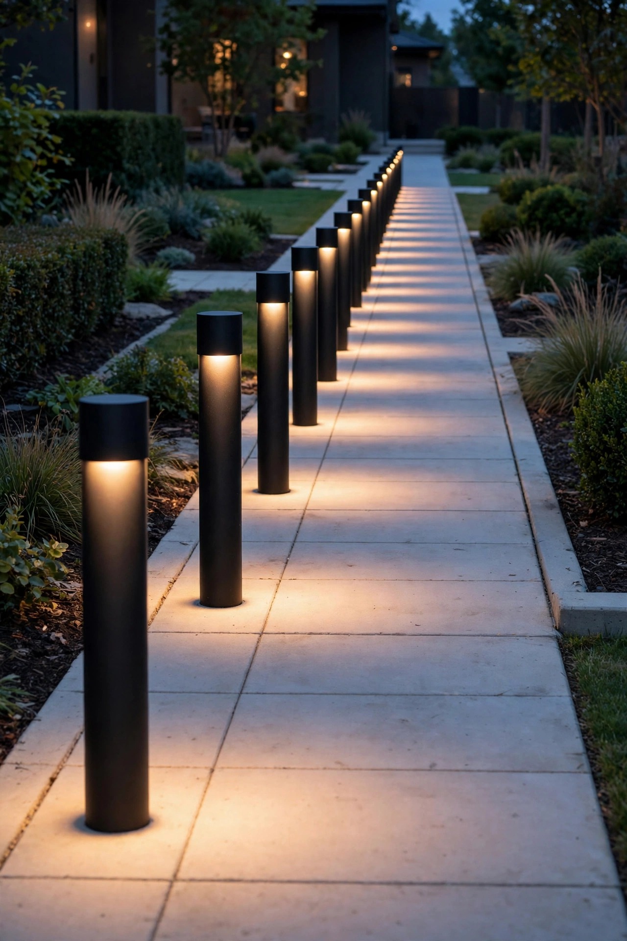 Row of identical matte black cylinder path lights repeated along a front walk at dusk with uniform warm pools of light and clean curb appeal