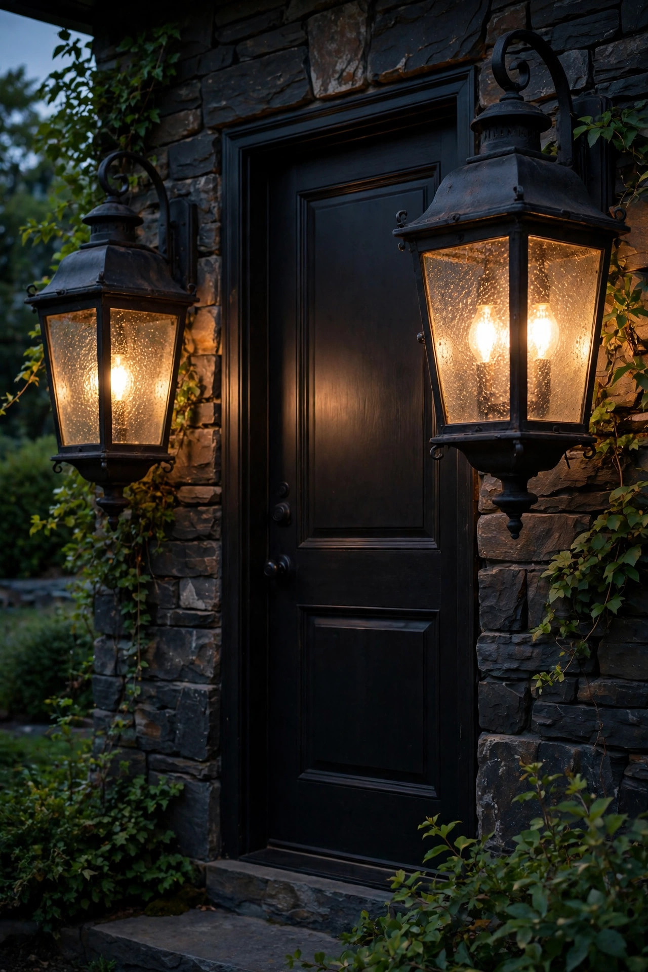 Oversized blackened carriage lanterns flanking a black front door, three warm bulbs glowing through seeded glass