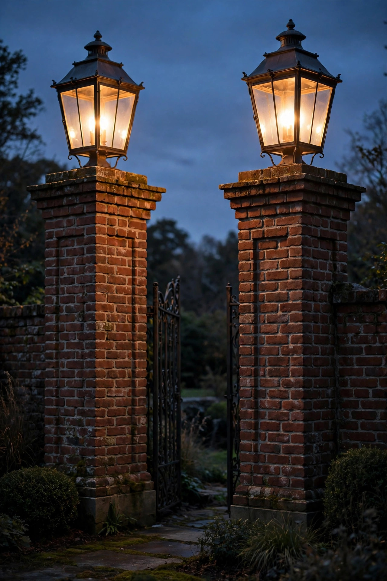 Oversized lantern pier lights on tall brick gate pillars at dusk