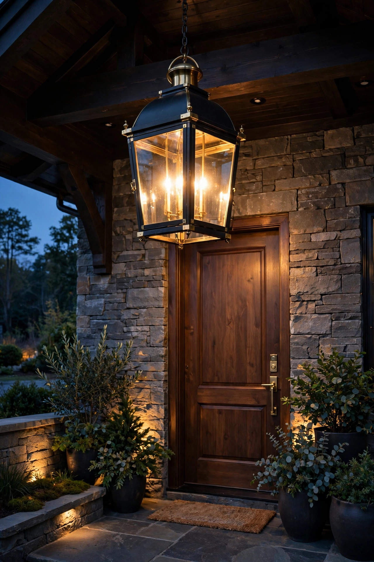 Oversized black and brass hanging lantern glowing above a luxury home entry porch at dusk