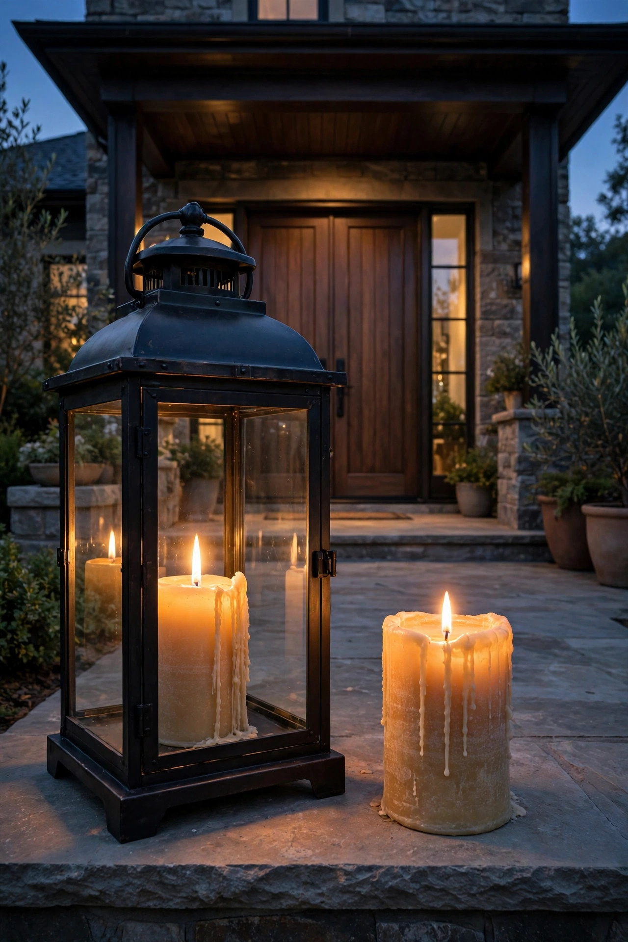 Oversized statement lantern with a chunky pillar candle beside a wide front entry at twilight