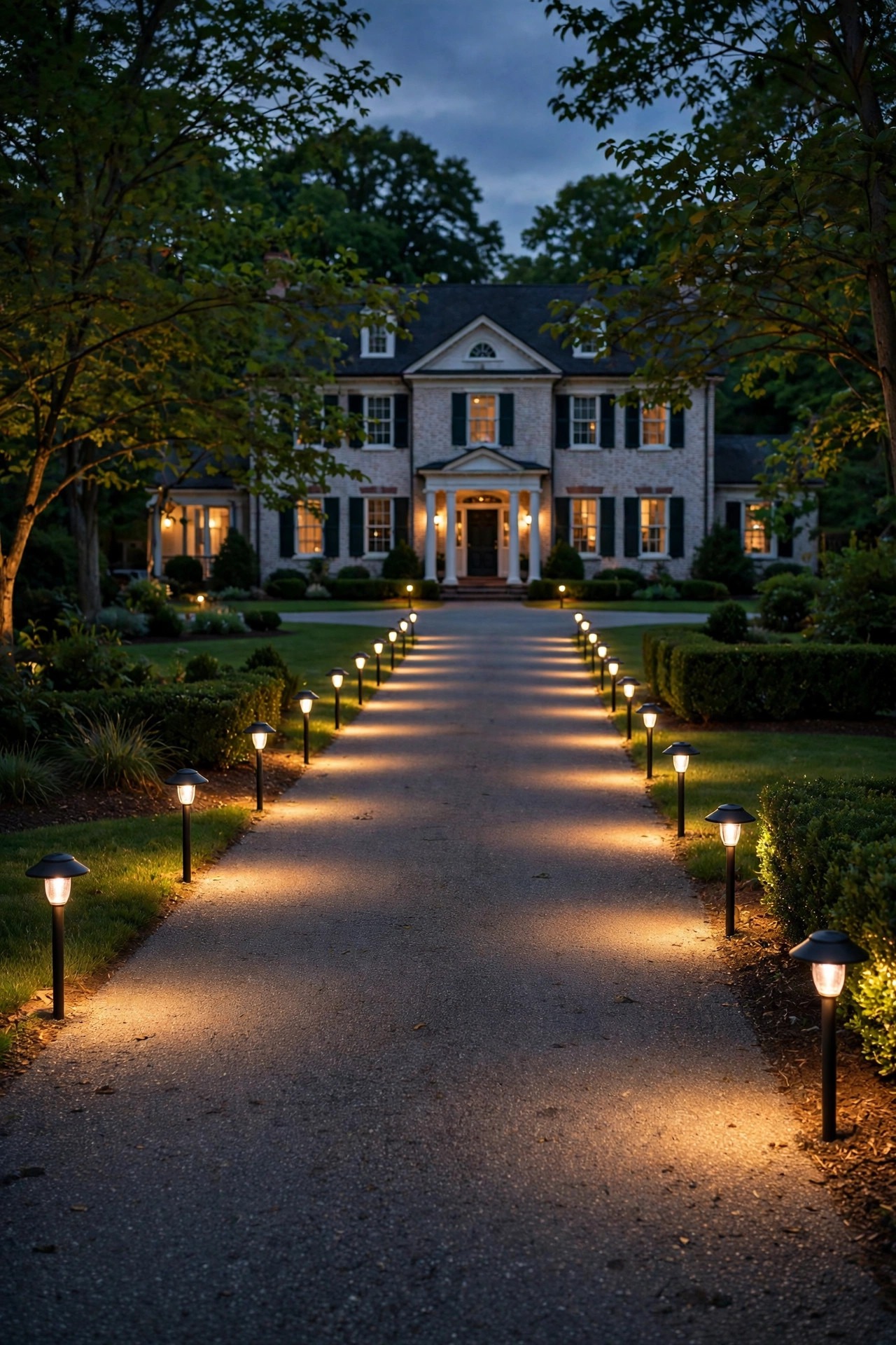Matched pairs of low black path lights glowing in a steady rhythm along both edges of a colonial driveway at dusk