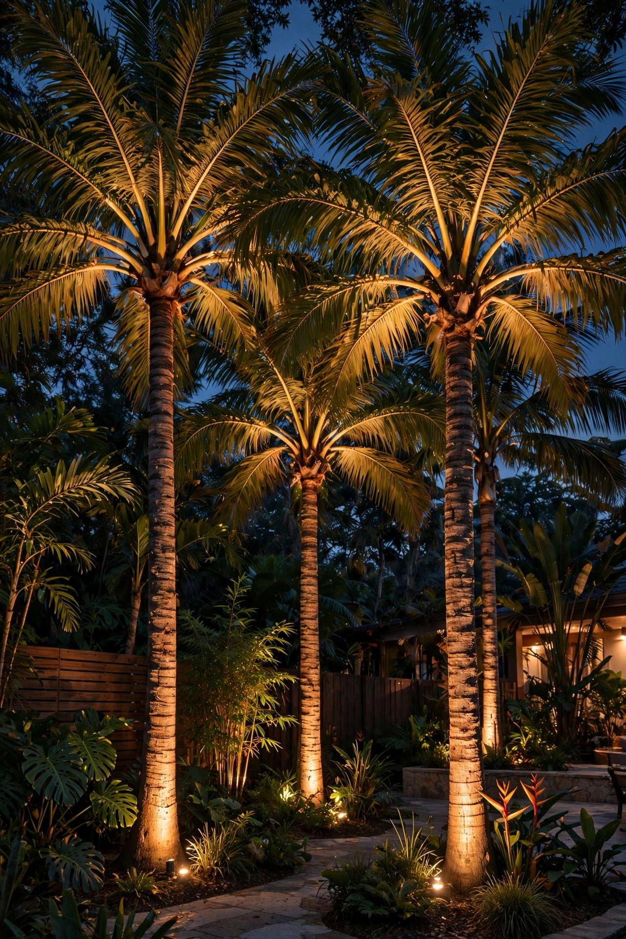 Palm trees uplighted from the base at night with warm light climbing the trunks and glowing fronds overhead in a tropical backyard