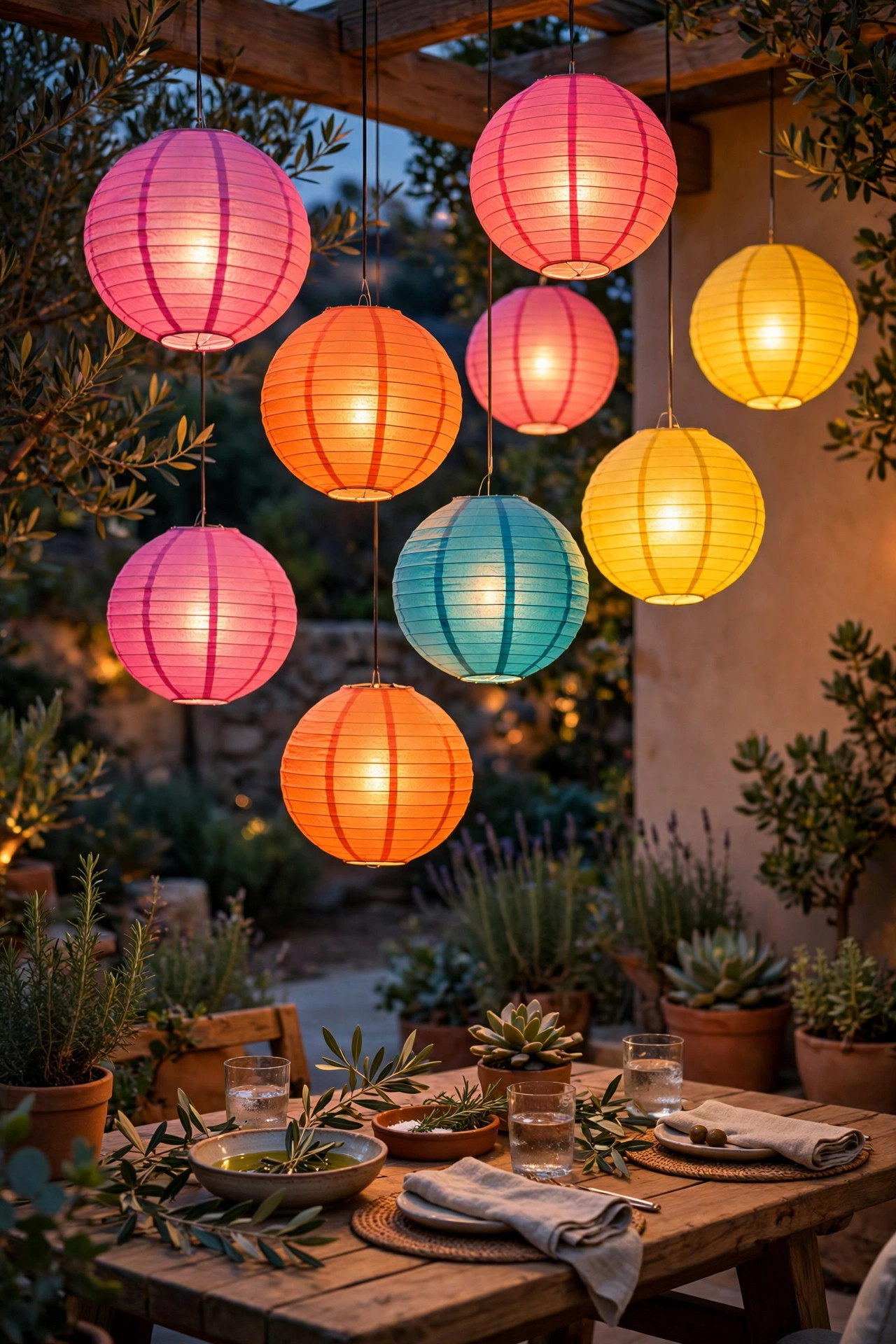 Colorful paper lanterns in pink, orange, turquoise, and yellow hanging at staggered heights over a patio table
