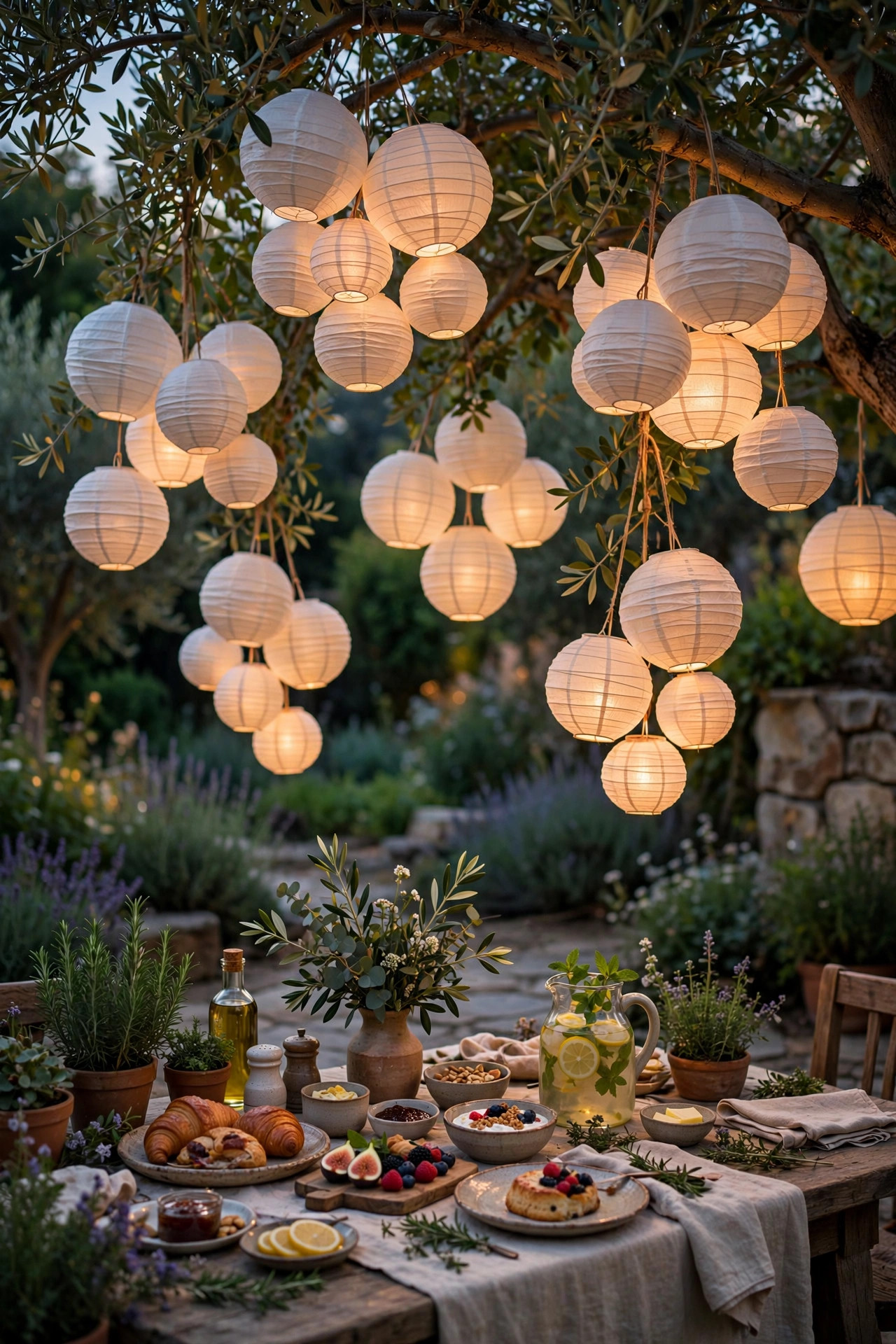 Clusters of white paper lanterns in staggered sizes hanging from tree branches over a garden brunch setting