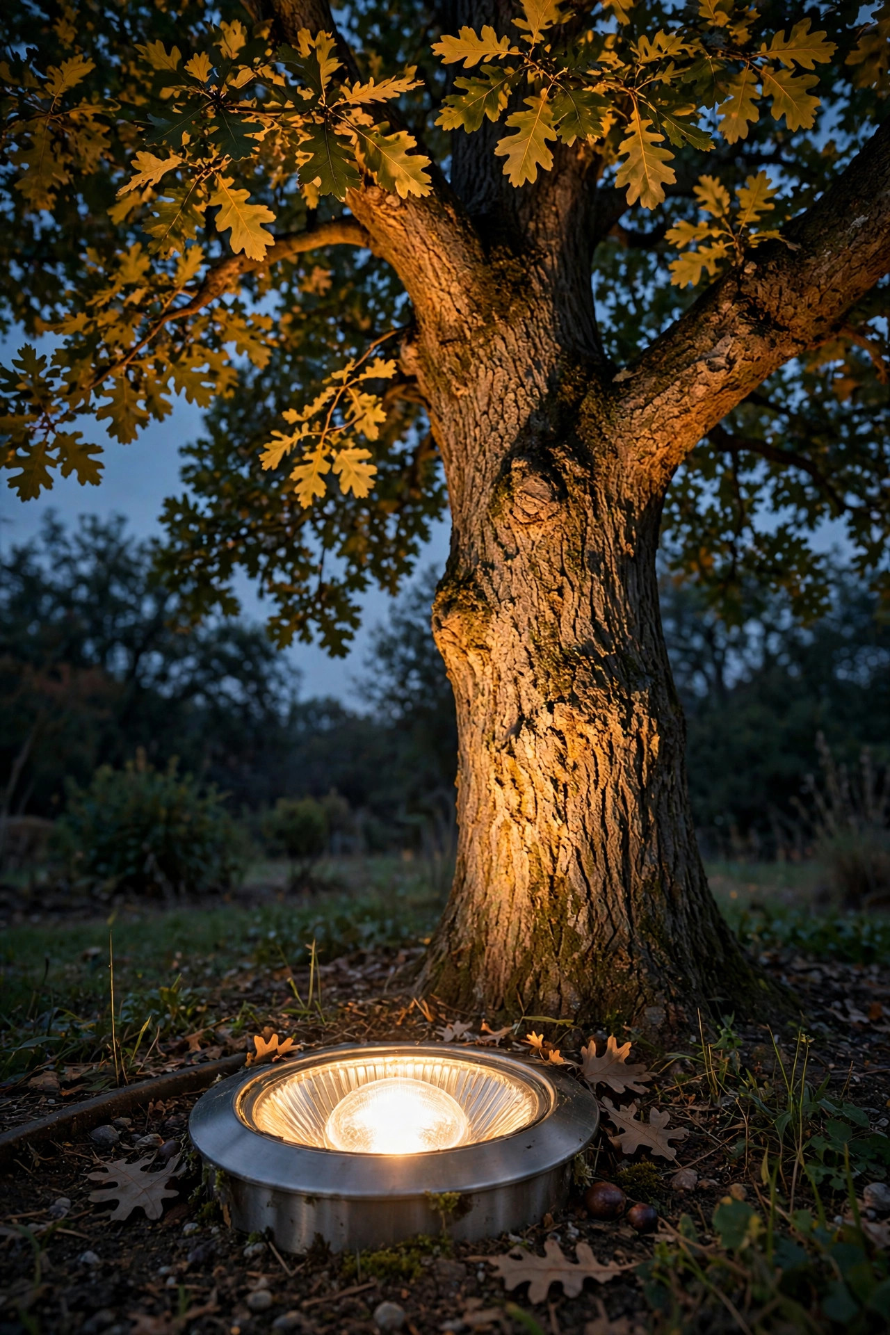 Large PAR36 sealed-beam bulb in an in-ground well light washing warm light up the trunk and canopy of a mature oak tree
