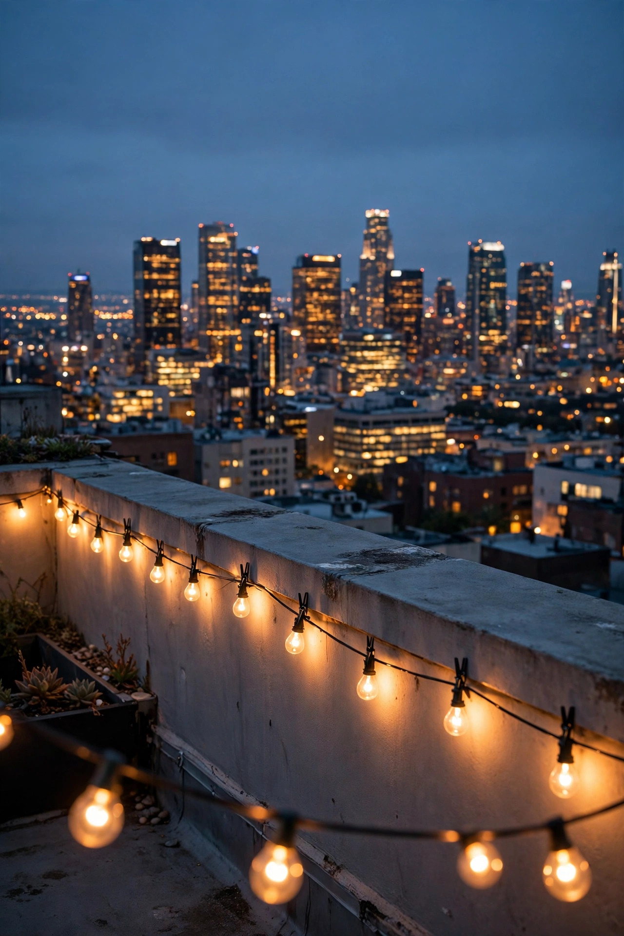 Warm string lights clipped low along the inside of a rooftop parapet at dusk, framing a glowing city skyline beyond
