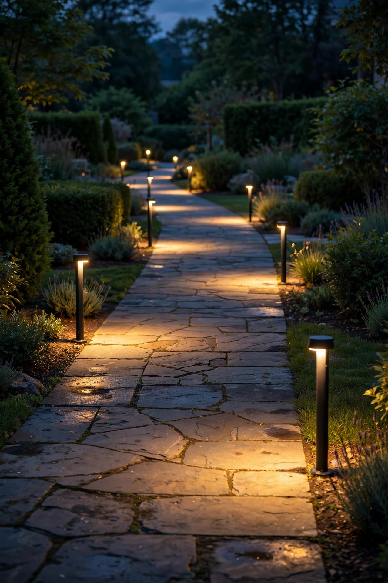 Staggered path lights along a walkway at night with soft overlapping pools of warm light on the pavement