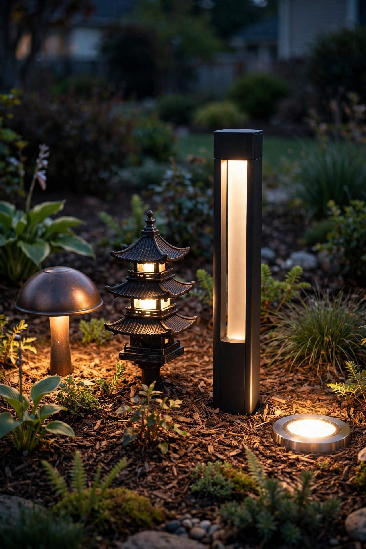 Four styles of low voltage path lights side by side — mushroom, pagoda, bollard, and inground styles