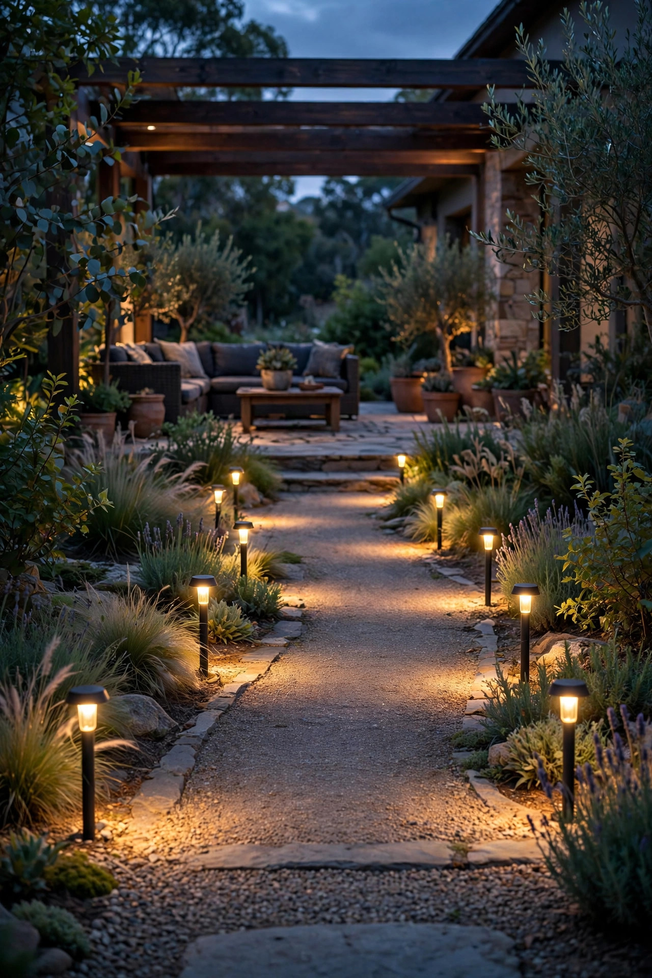 Evenly spaced low path lights glowing along a garden walkway leading to a patio at dusk