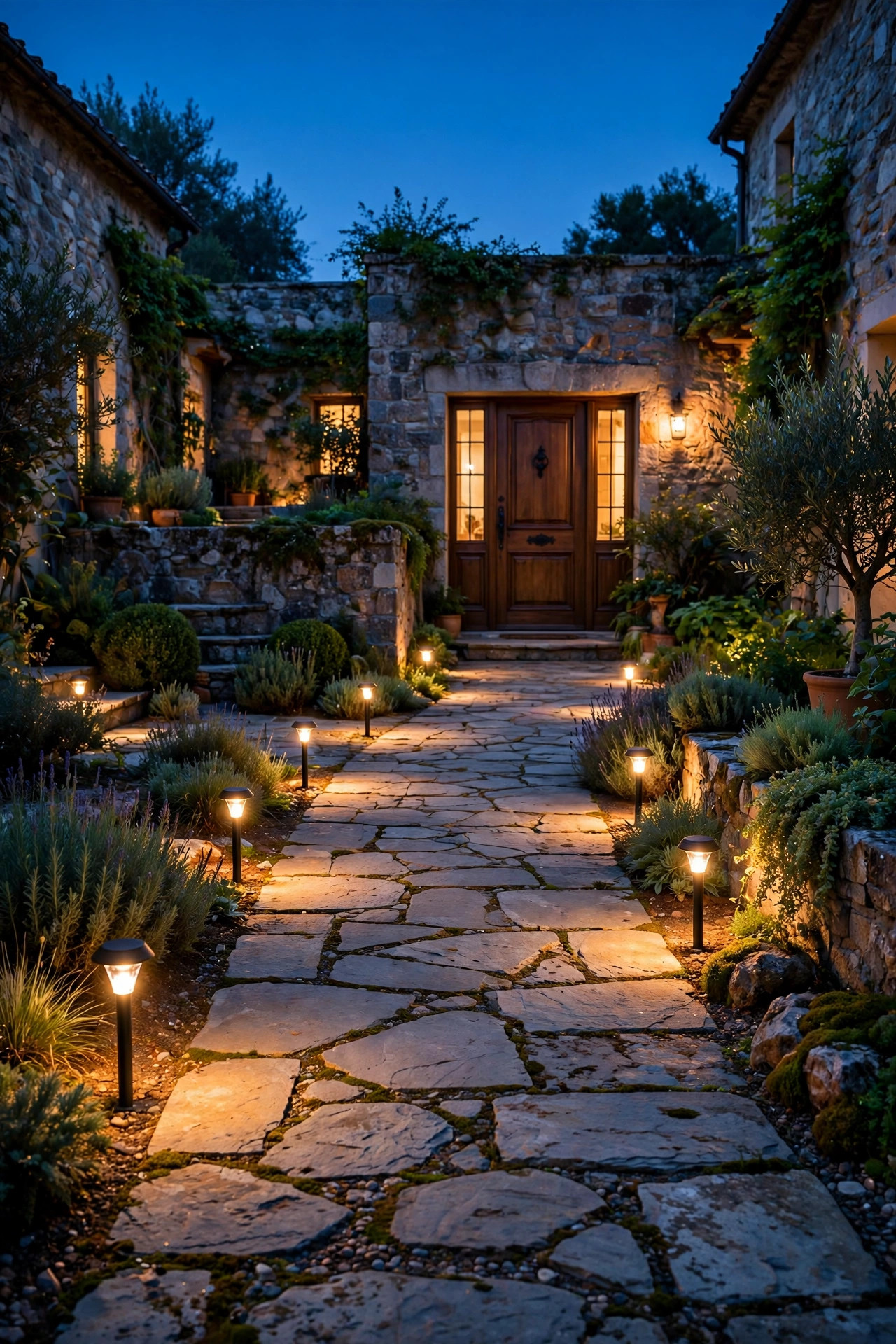 Low voltage path lights glowing along a stone walkway leading through a courtyard to a front door