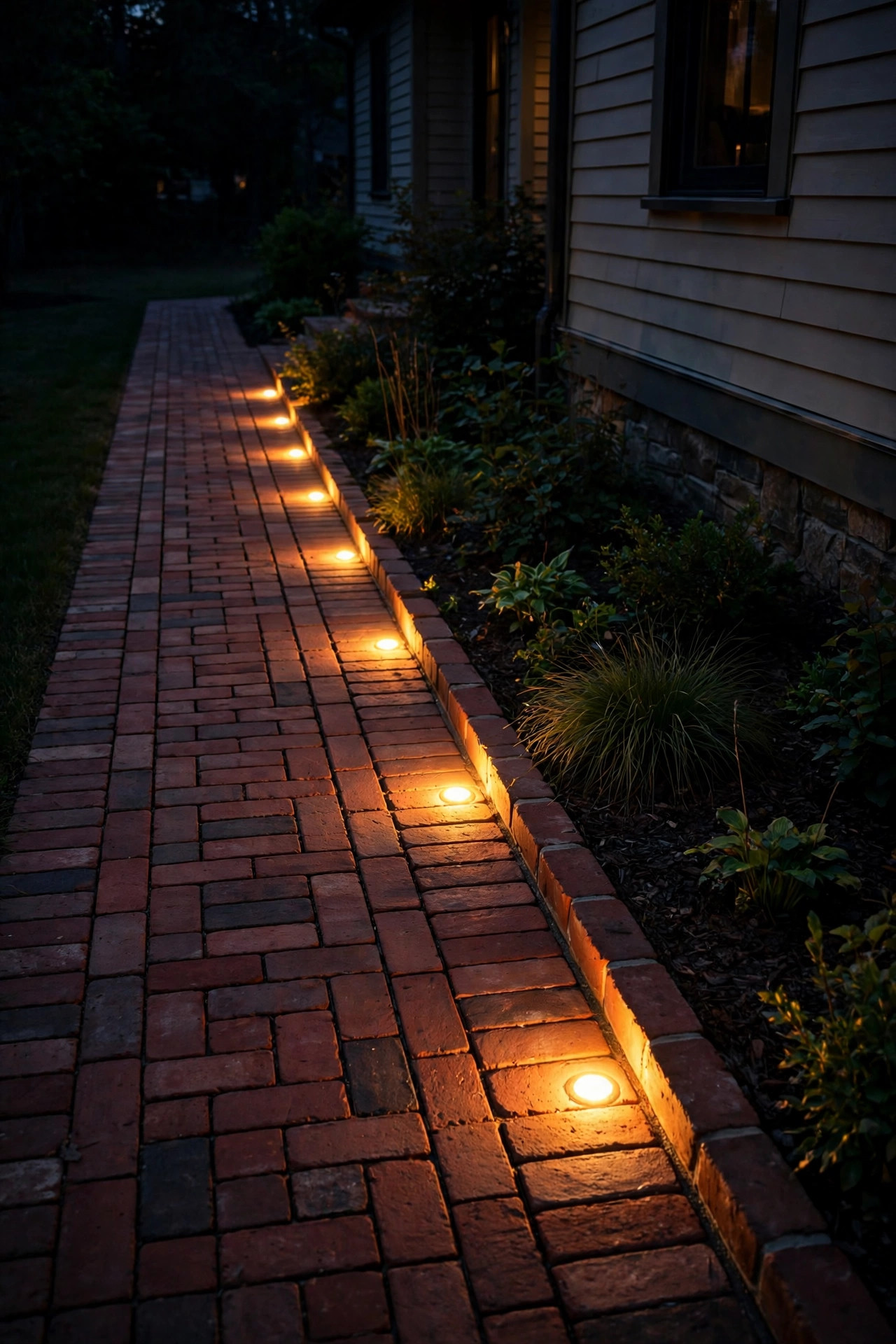 Flush in-ground paver lights glowing between red bricks along a walkway edge at night