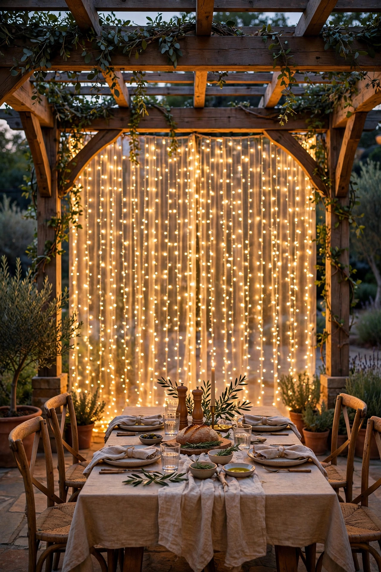 Warm curtain lights hanging as a backdrop across the back of a pergola over an outdoor dining table