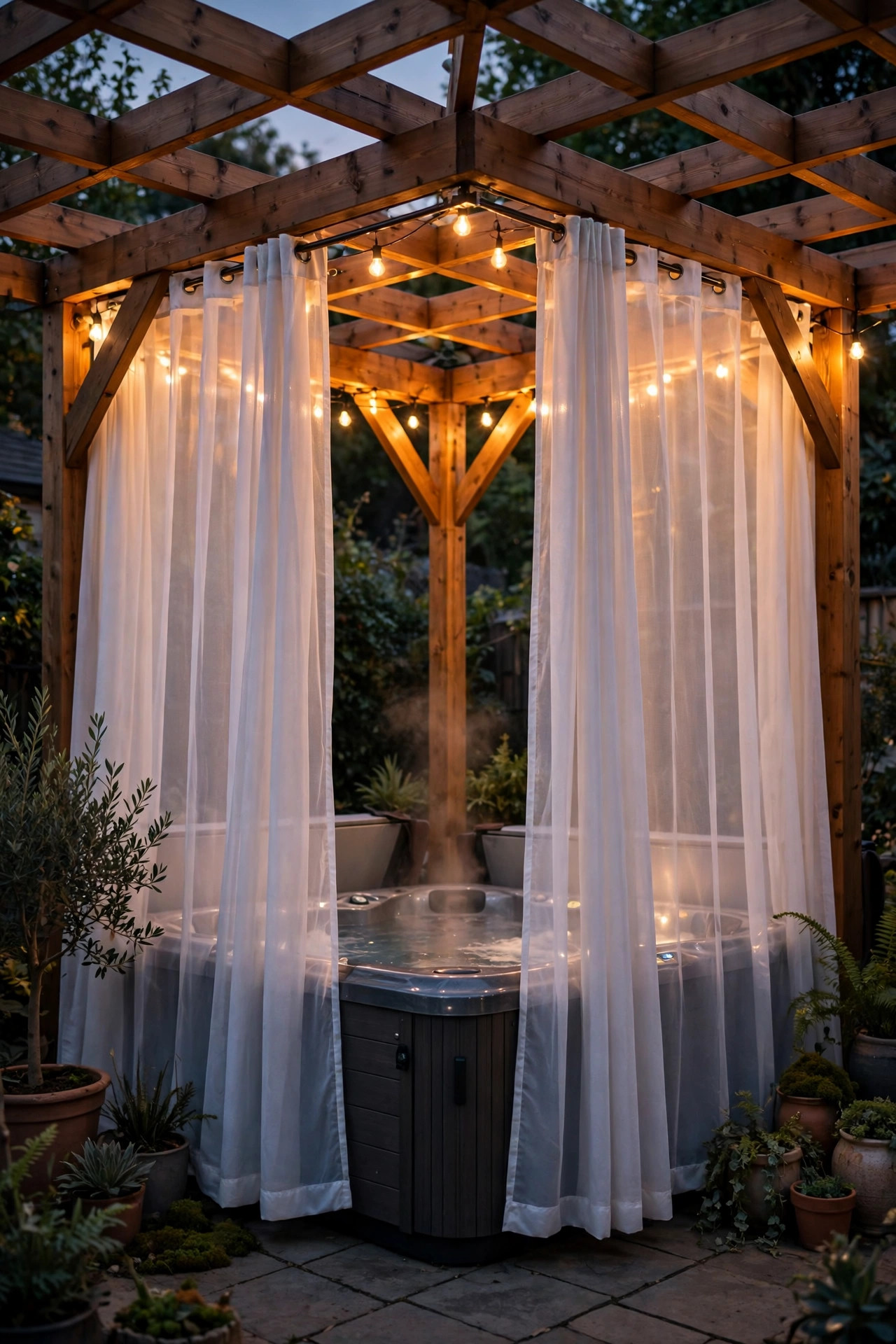 Pergola over a hot tub corner with sheer outdoor curtains drawn closed, string lights glowing warmly inside the beams