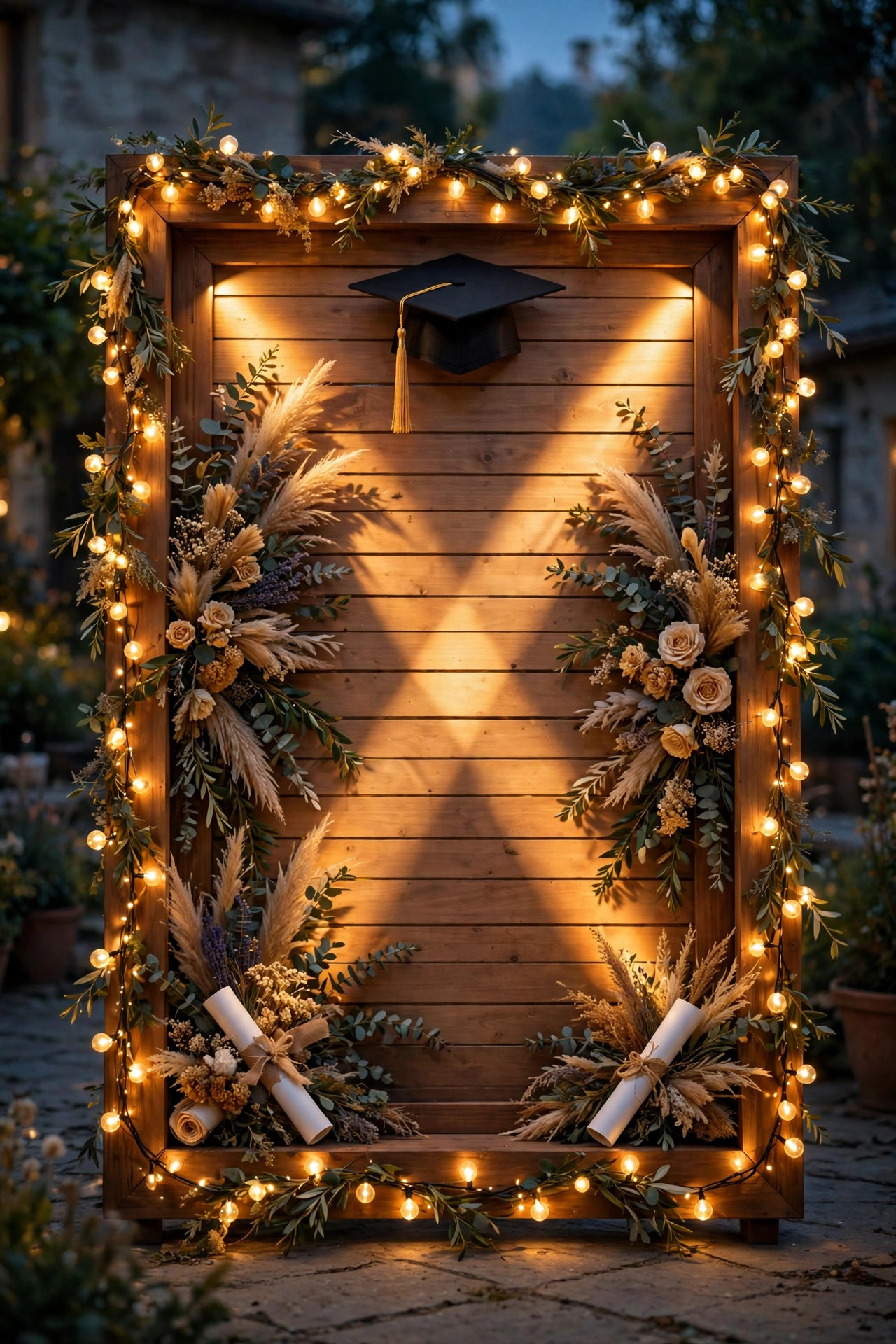 Graduation photo backdrop wall with warm cross lighting and fairy lights around the frame at dusk